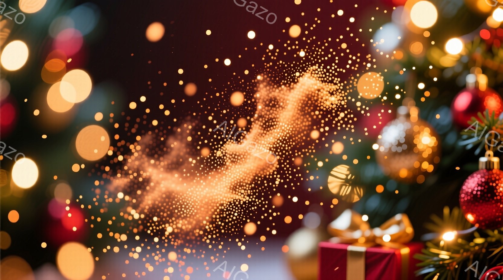 ぼやけた背景に輝くオーナメントと光の粒子が舞い、まるでトナカイのシルエットが浮かび上がっているように見える。赤いギフトボックスがアクセントとなり、クリスマスの温かく幻想的な雰囲気を醸し出している。全体的に光のフレアが強く、夢のような空間が表現されている。