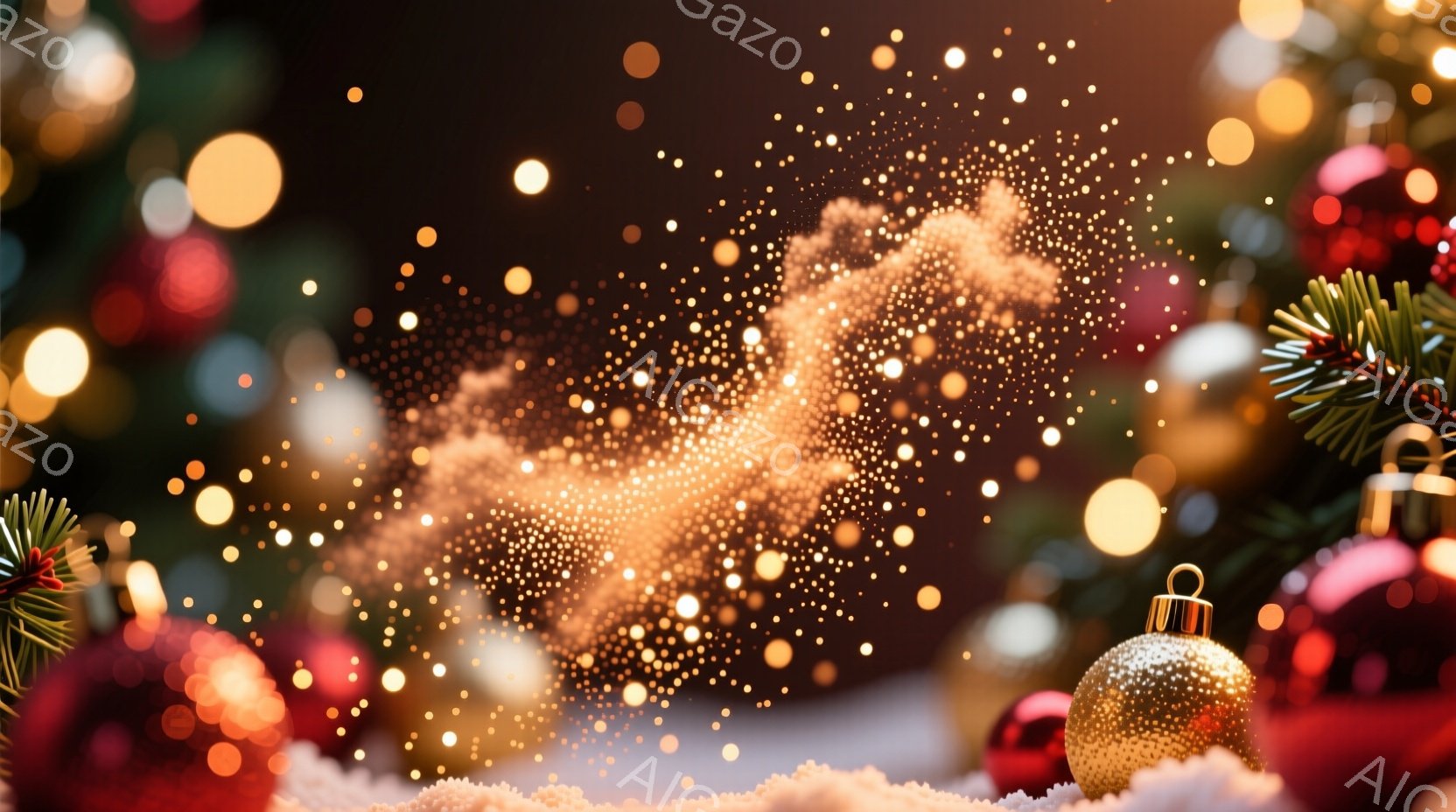 輝くクリスマスの装飾が背景にぼやけており、金色のオーナメントが手前に置かれています。きらめく光の粒子がオーナメントの周りに舞い上がり、雪のような白い層が手前を覆っています。暖かく幻想的な雰囲気で、クリスマスの祝賀ムードを醸し出しています。