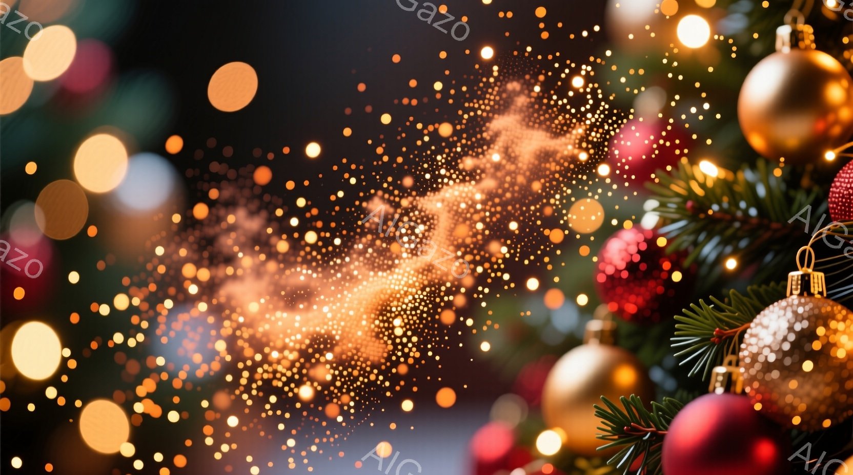 クリスマスツリーの装飾とキラキラ光る粒子が特徴的な画像です。背景は暗く、クリスマスツリーのオーナメント（赤、金、銀のボール）がぼやけて写っており、暖かく幻想的な雰囲気を醸し出しています。光の粒子は、まるで星屑のように輝き、クリスマスの魔法のような雰囲気を強調しています。