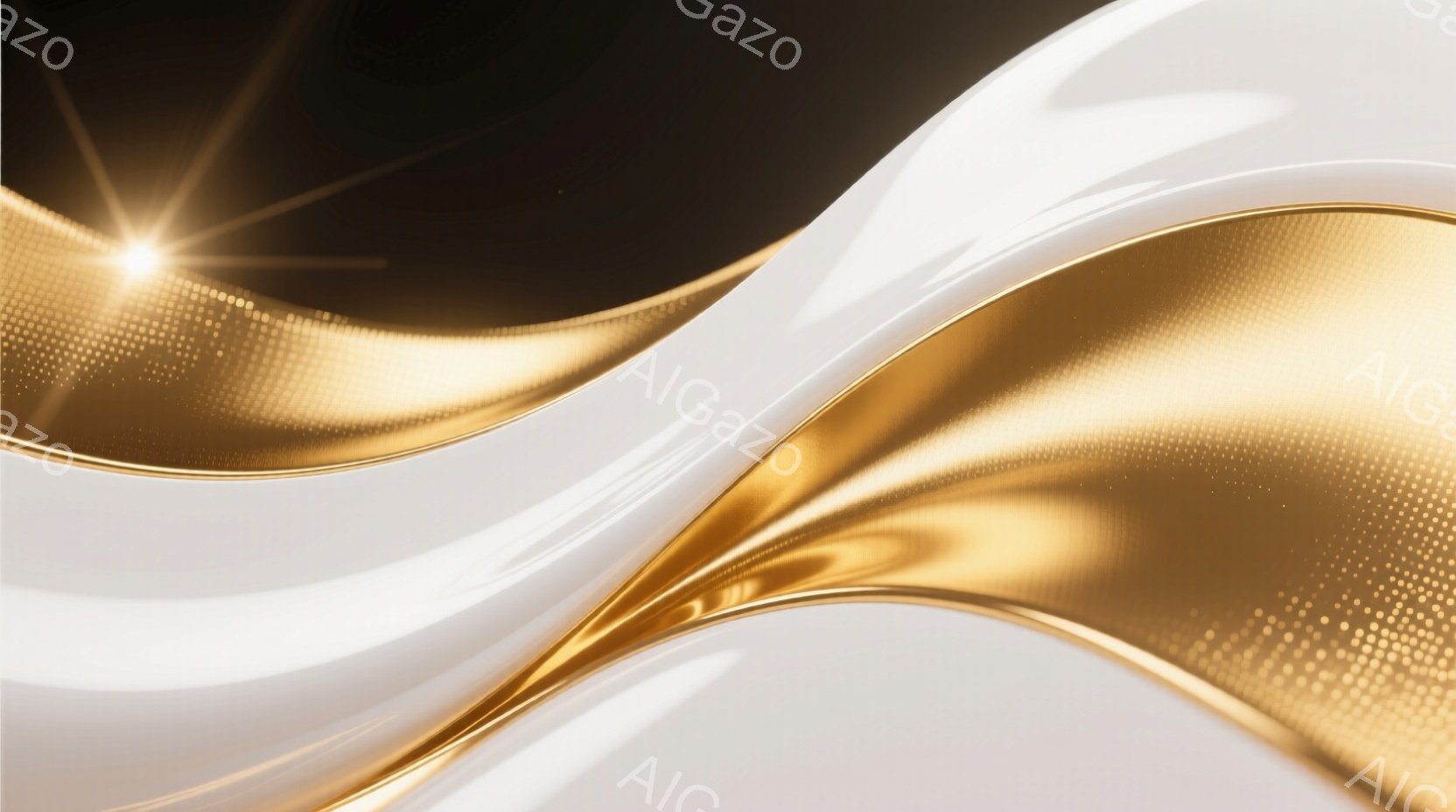 鮮やかな白と金色の流れるような抽象的な背景が印象的です。白は滑らかで光沢があり、金色の波打つ線がその上を優雅に流れています。背景は暗く、光の粒子が散りばめられており、高級感と神秘的な雰囲気を醸し出して - AI生成フリー素材