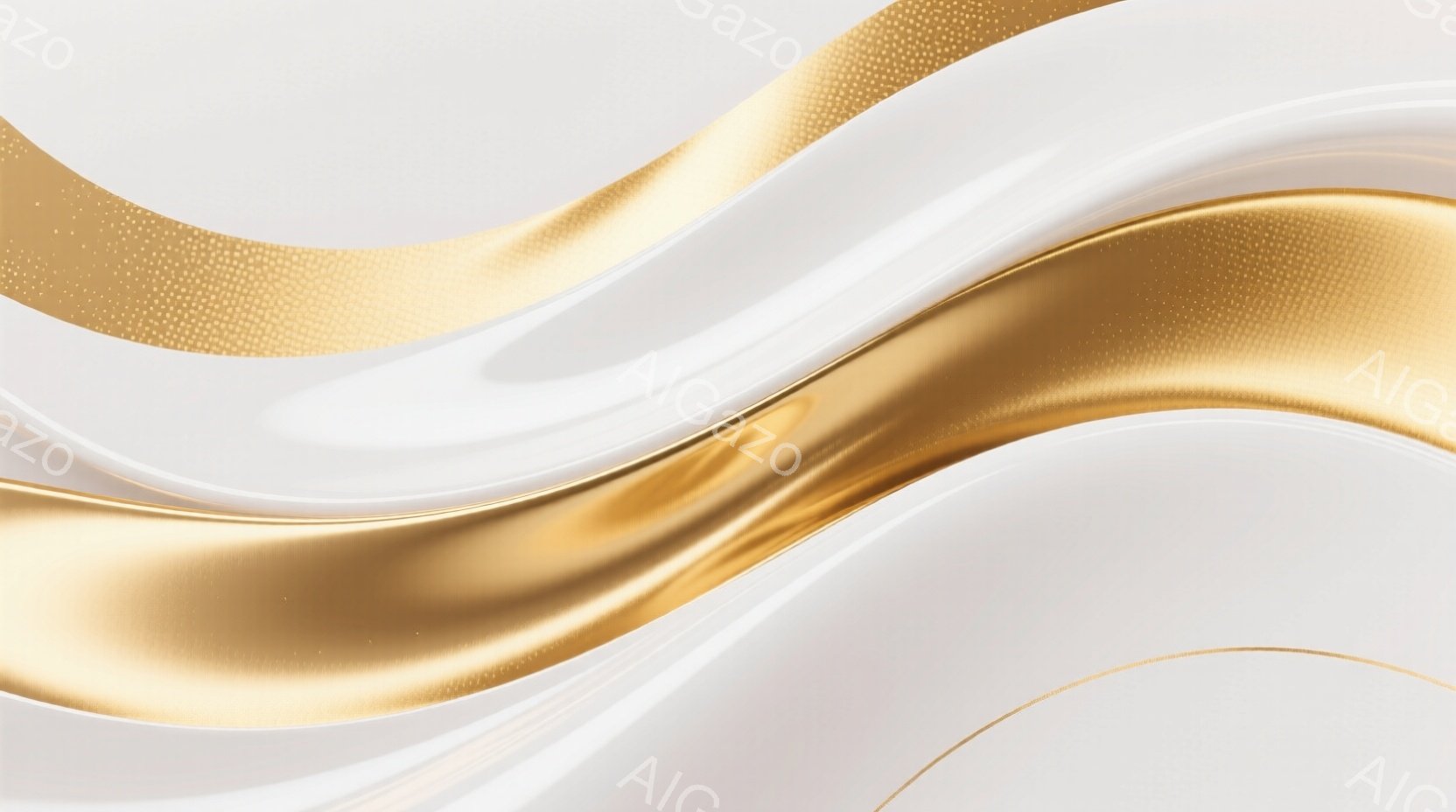 滑らかな白い布が金色に光る波状の模様と混ざり合い、流れるような抽象的な構成を作り出しています。布は光沢があり、金色の模様は細かいテクスチャを持ち、高級感と優雅さを感じさせます。背景は単色で、布の美しい曲線と金色の輝きを際立たせています。