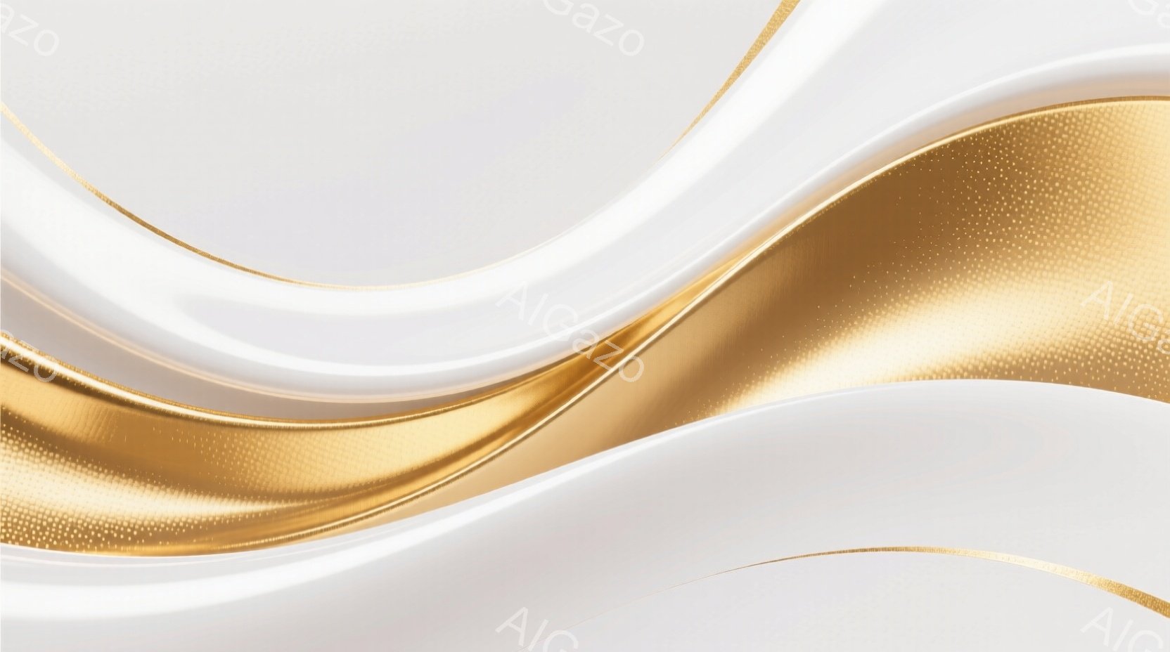 滑らかな白い布のようなものが波打ち、その一部が金色のメタリックな質感で覆われています。金色の部分は細かいドットのようなテクスチャを持ち、光沢があり、高級感を漂わせています。背景は白一色で、布の曲線が際立ち、優雅で洗練された雰囲気を作り出しています。