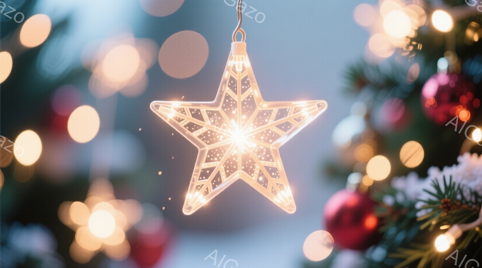 鮮やかなイルミネーションが輝くクリスマスツリーの飾りである、光る星が中央に配置されている。背景には緑の葉と赤いオーナメントがぼやけ、暖かく幻想的な雰囲気を醸し出している。全体的に、冬のホリデーシーズンの温かさと楽しさが伝わってくる。