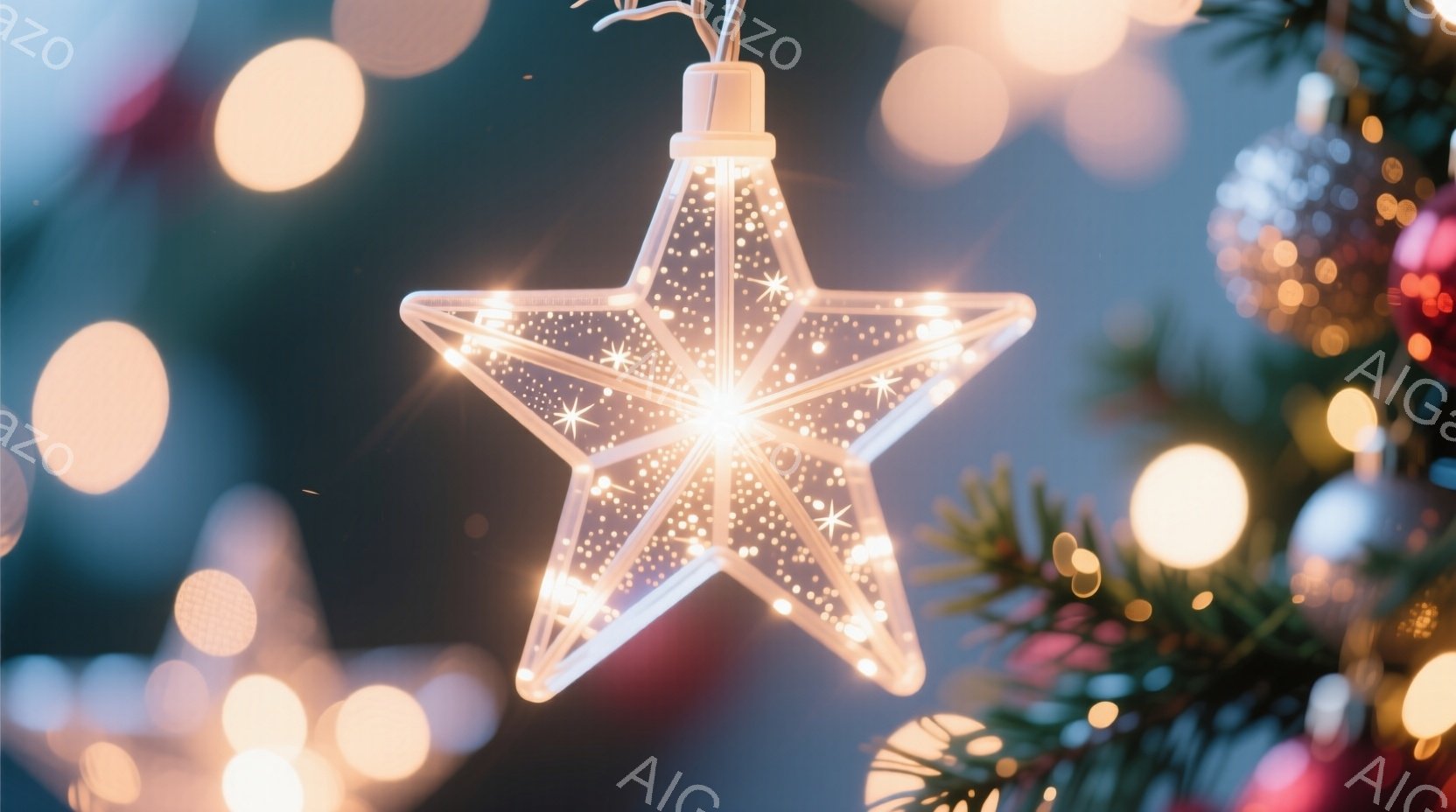 画像は、小さな星形のイルミネーションが焦点となっており、その内部には無数の小さな光が煌めいています。背景にはぼやけた緑色の葉と、さまざまな色のぼんやりとした光の玉が散りばめられており、クリスマスの装飾の一部であることがわかります。全体的に暖かく、幻想的な雰囲気を醸し出しています。