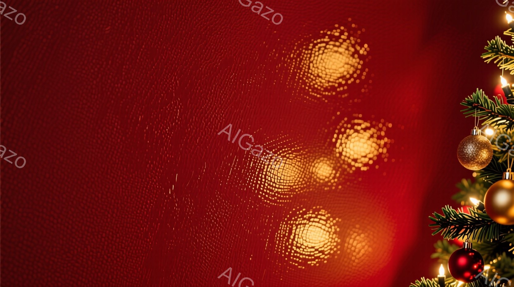 深い赤色の背景に、ぼやけた黄金色の光の円が並んでいます。右側には緑色のモミの木の枝と、金や赤の飾りボール、点灯した電飾が配置され、ホリデーシーズンの温かく華やかな雰囲気を醸し出しています。光と影のコントラストが強調され、奥行きのある印象を与えています。