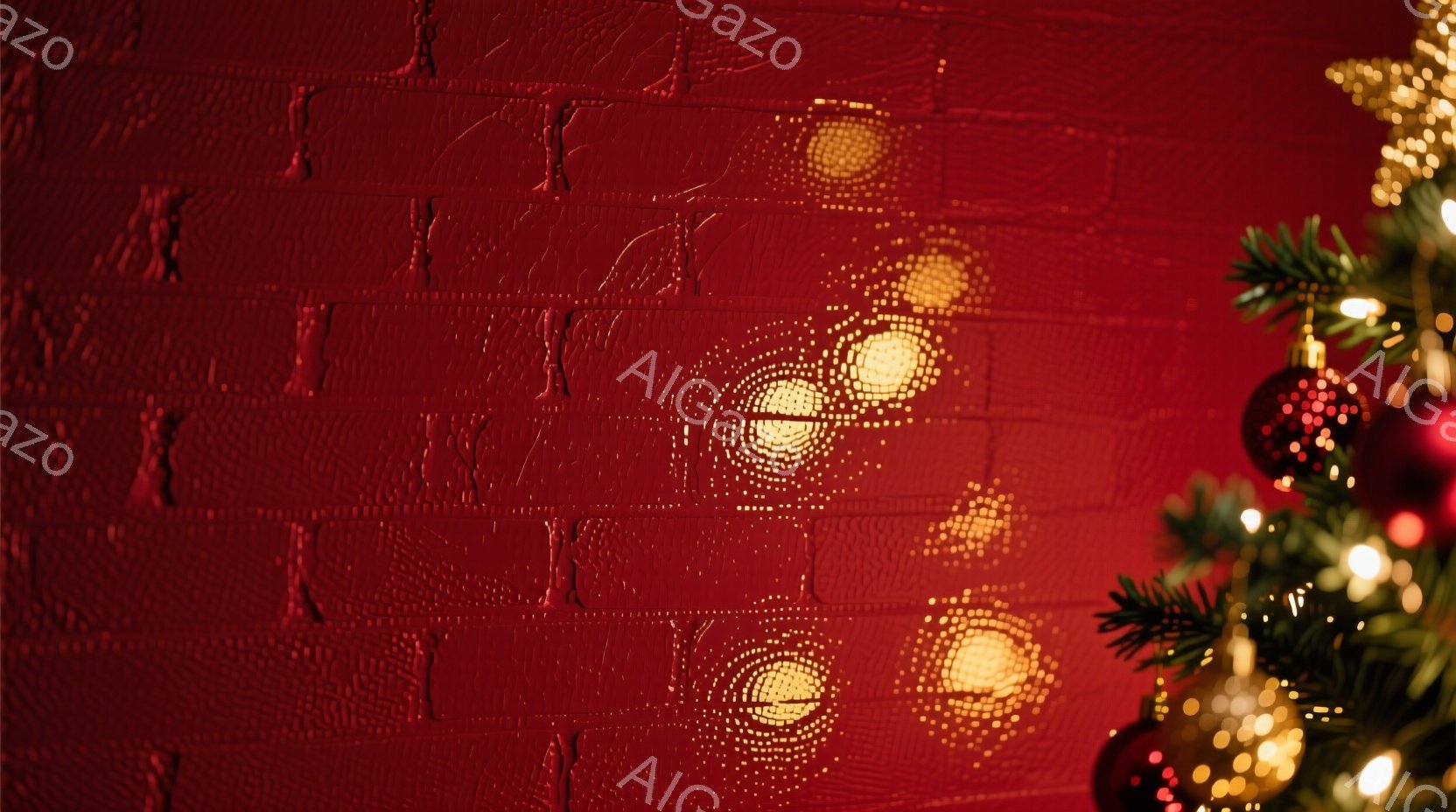 深い赤色のレンガ壁が背景にあり、壁には光が反射して円形の模様が浮かび上がっています。右端には、緑色の葉と赤いオーナメントで飾られたクリスマスツリーの一部が見え、お祝いの雰囲気を醸し出しています。全体的に暖かく、華やかなクリスマスの季節を想起させる写真です。