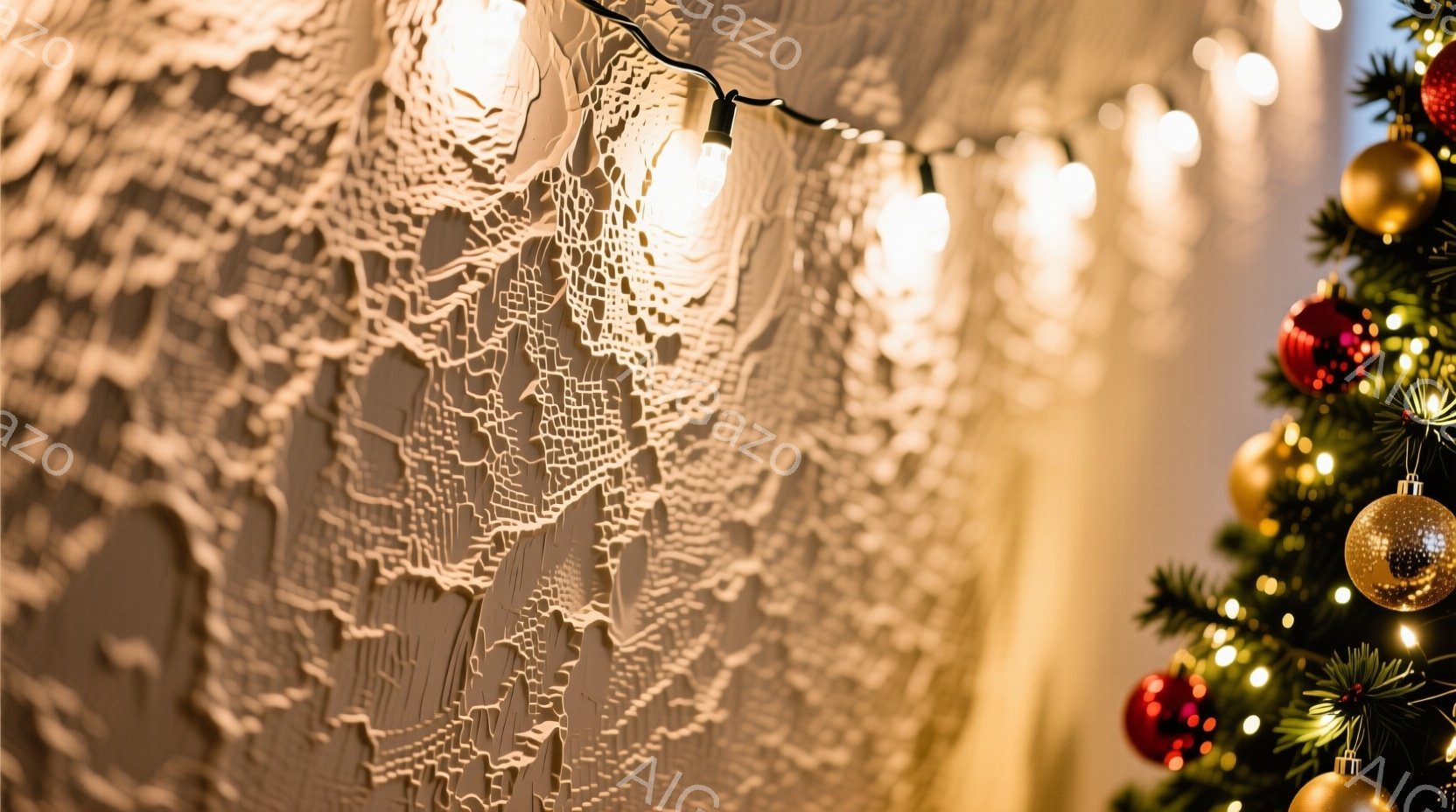 背景には複雑な模様が施された壁があり、温かい光のストリングライトが壁に影を落としています。右側には緑の葉と赤い、金色のオーナメントで飾られたクリスマスツリーの一部が見え、祝祭の雰囲気を醸し出しています - AI生成フリー素材
