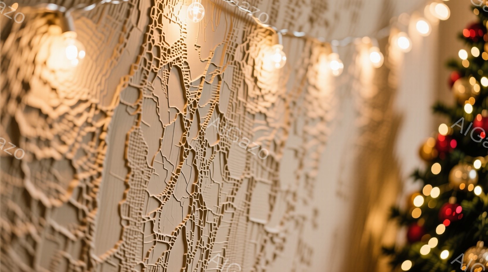 ぼんやりとした背景に、レーザーカットされたような複雑な模様のパネルが壁一面に広がっています。そのパネルの右側には、クリスマスツリーの飾り付けが映り込み、暖色のライトが点滅して季節感を演出しています。全体的に、暖かく、お祝いムードにあふれた雰囲気です。