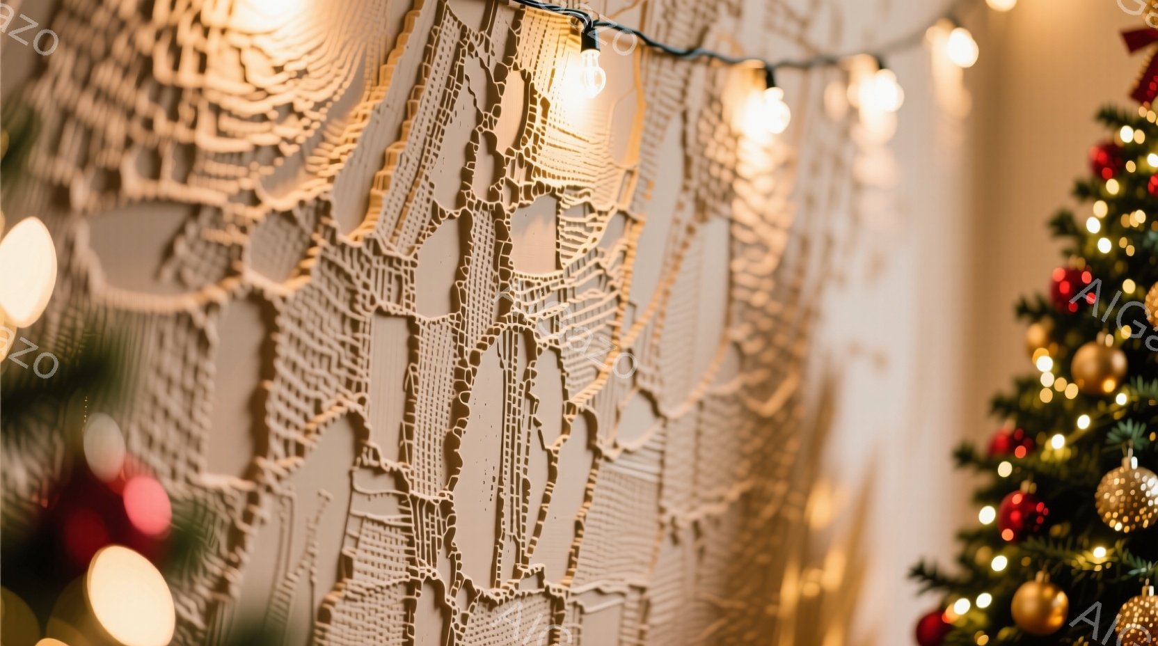 壁には都市のスカイラインを模した木製の彫刻が施されており、細部にまでこだわったデザインが印象的です。暖色のフェアリーライトが彫刻を照らし、温かく幻想的な雰囲気を醸し出しています。右側にはクリスマスツリーの一部が見え、赤いオーナメントが輝き、季節感を演出しています。