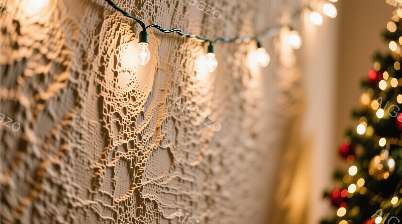 複雑な模様が施された壁に、温かい光を放つ電球のガーランドが飾られています。壁の右側にはぼやけたクリスマスツリーが見え、赤色の装飾がちらりと確認できます。全体的に暖かく、お祝いの雰囲気で、冬の季節や特別なイベントを連想させます。
