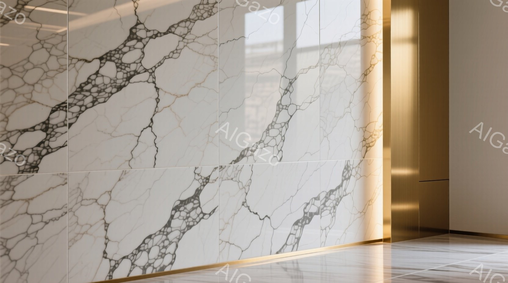 白い大理石調の壁タイルが特徴的な室内空間で、金色のラインライトが壁の横に設置され、モダンで洗練された雰囲気を醸し出しています。床は同じく大理石調で、光沢があり、明るい印象を与えます。壁の模様と光のコン - AI生成フリー素材