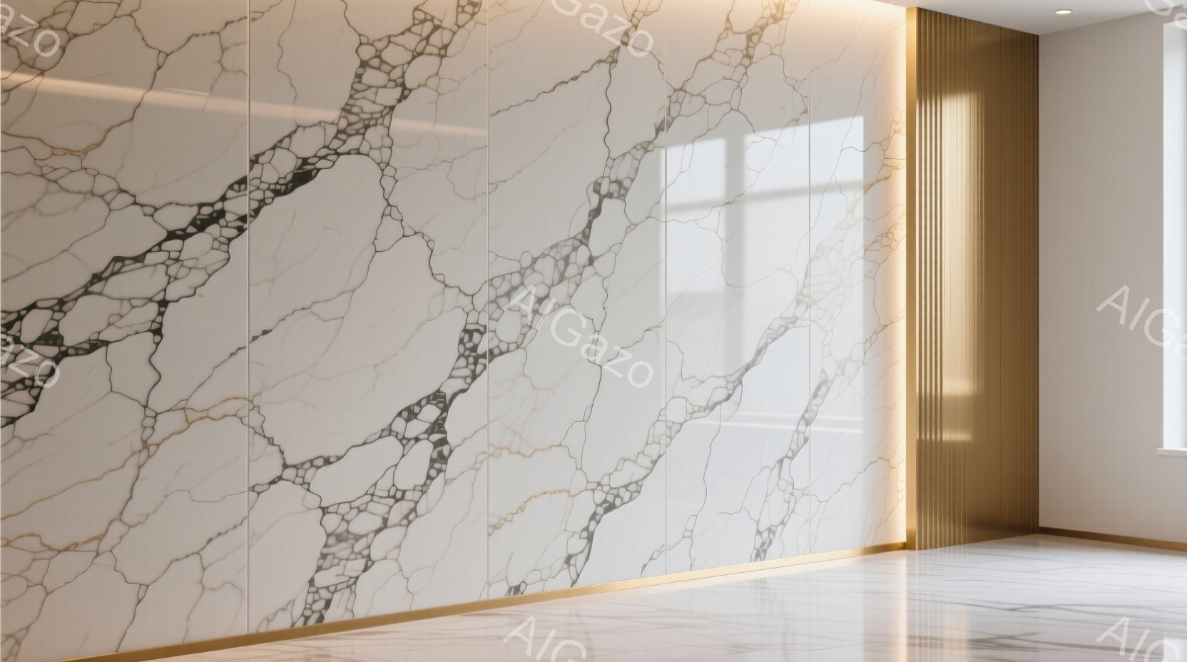 白を基調とした大理石の壁が印象的な室内空間です。壁には繊細なグレーの模様が走り、右側にはゴールドのラインが施された装飾が施されています。床も同様の大理石で統一され、光沢があり、モダンで高級感のある雰囲 - AI生成フリー素材