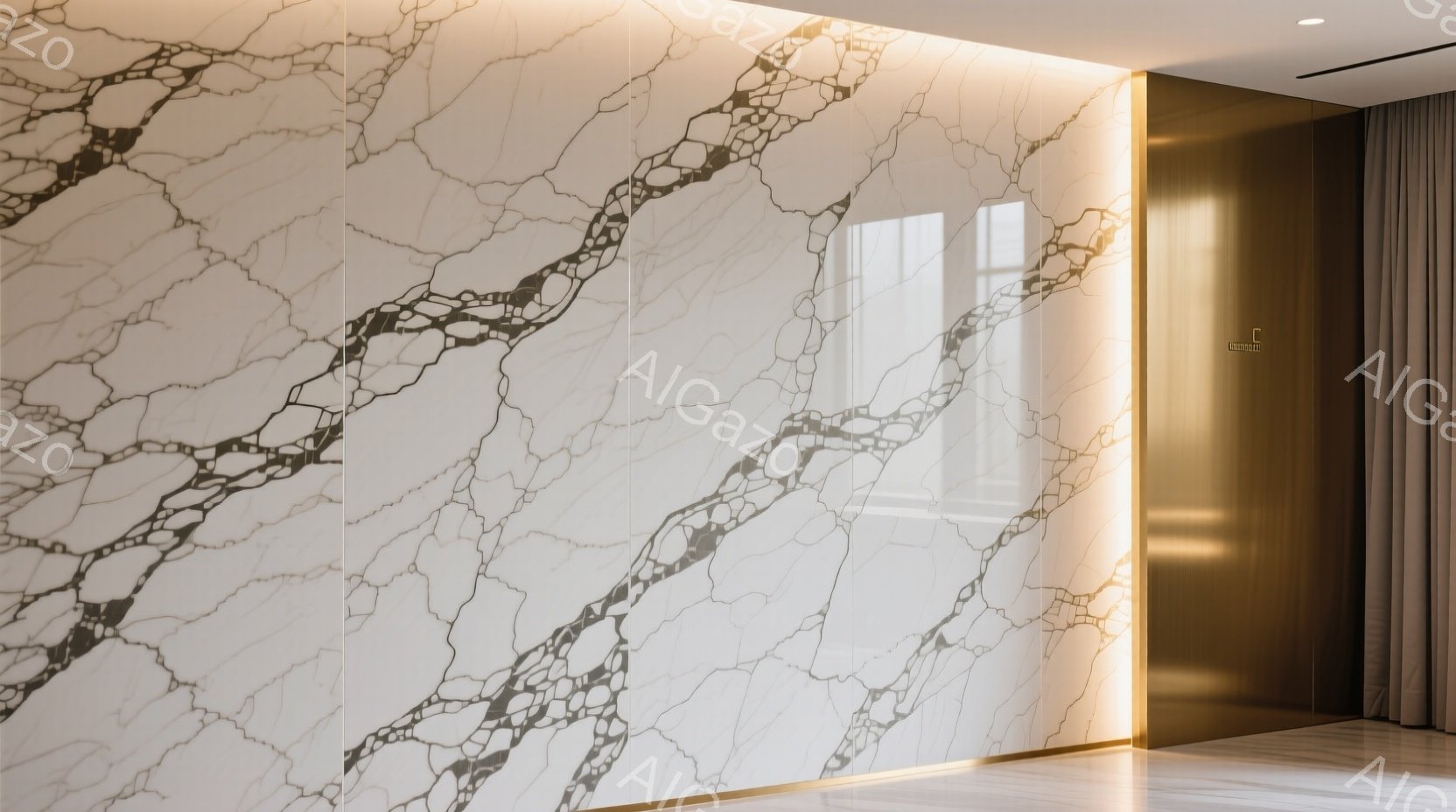 白を基調とした大理石模様の壁が印象的な空間です。右側には、暖色の光が灯る金属製のドアがあり、薄暗い廊下へと続いています。 全体的に落ち着いた雰囲気で、高級感と洗練されたデザインが感じられます。