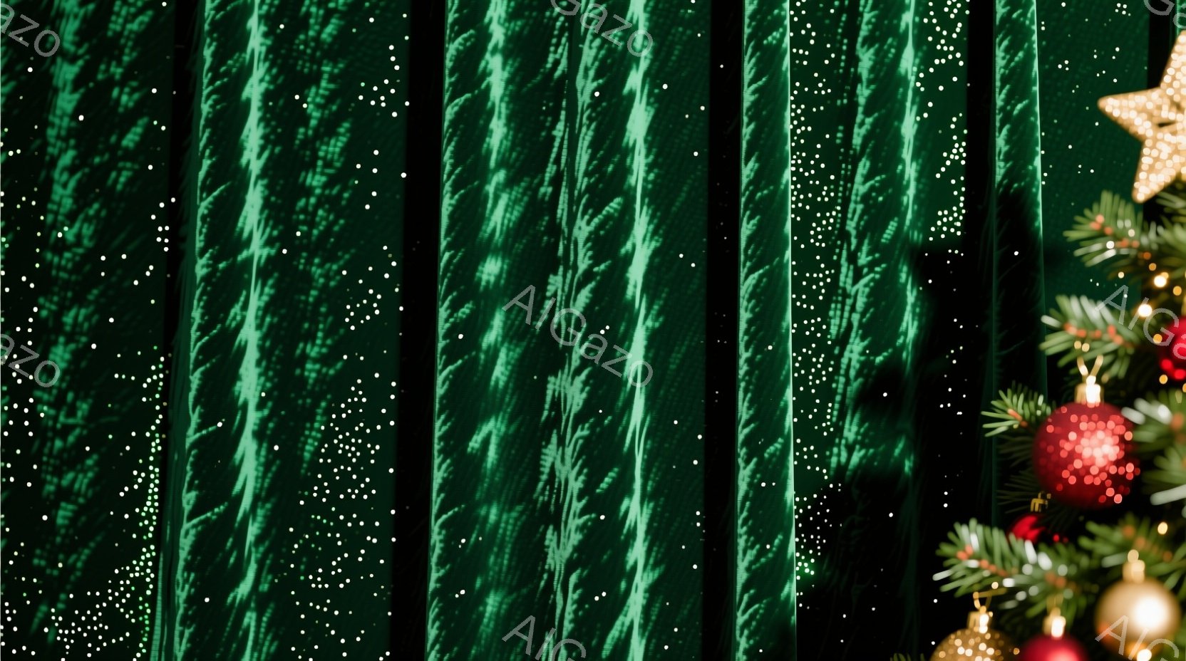 画面の大部分は、深い緑色の光が差し込むカーテンで占められています。カーテンには細かい白い光の粒子が散りばめられており、幻想的な雰囲気を醸し出しています。画面右側にはクリスマスツリーの一部が写っており、金色のオーナメントや赤い飾りなどが確認できます。