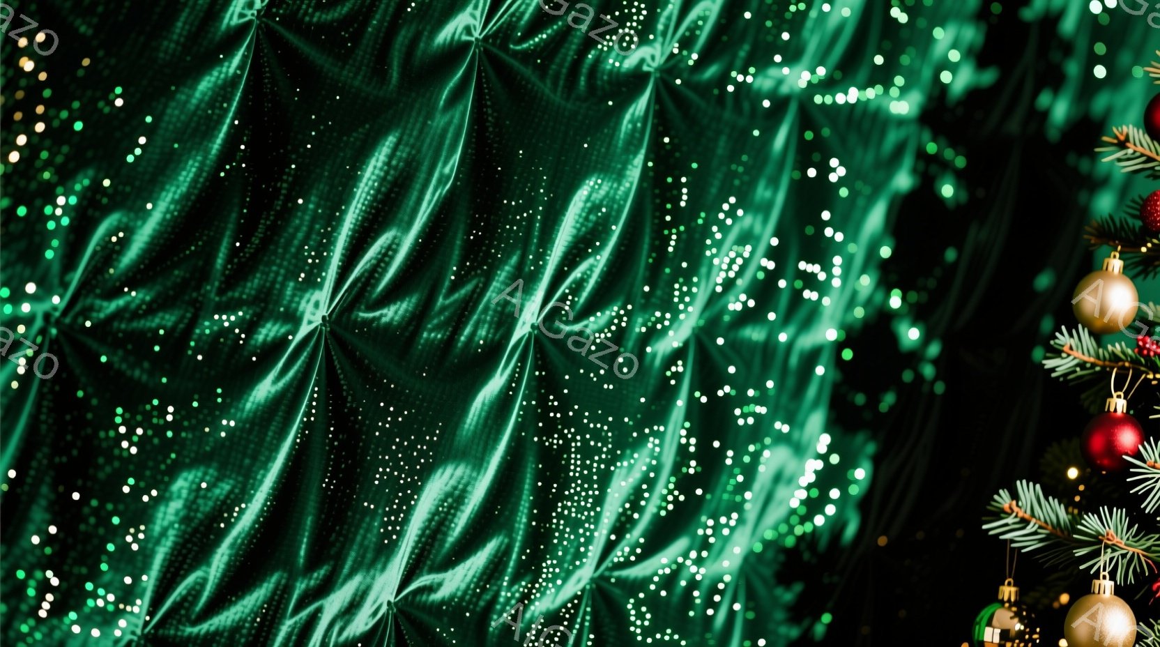 深緑色のベルベットのようなドレスを着た人物が写っており、背景にはぼやけた緑色の光が点在しています。右側にはクリスマスツリーの枝と金のオーナメントが見え、華やかで夢幻的な雰囲気を醸し出しています。ドレスの深い緑と光のコントラストが、神秘的で美しい印象を与えます。