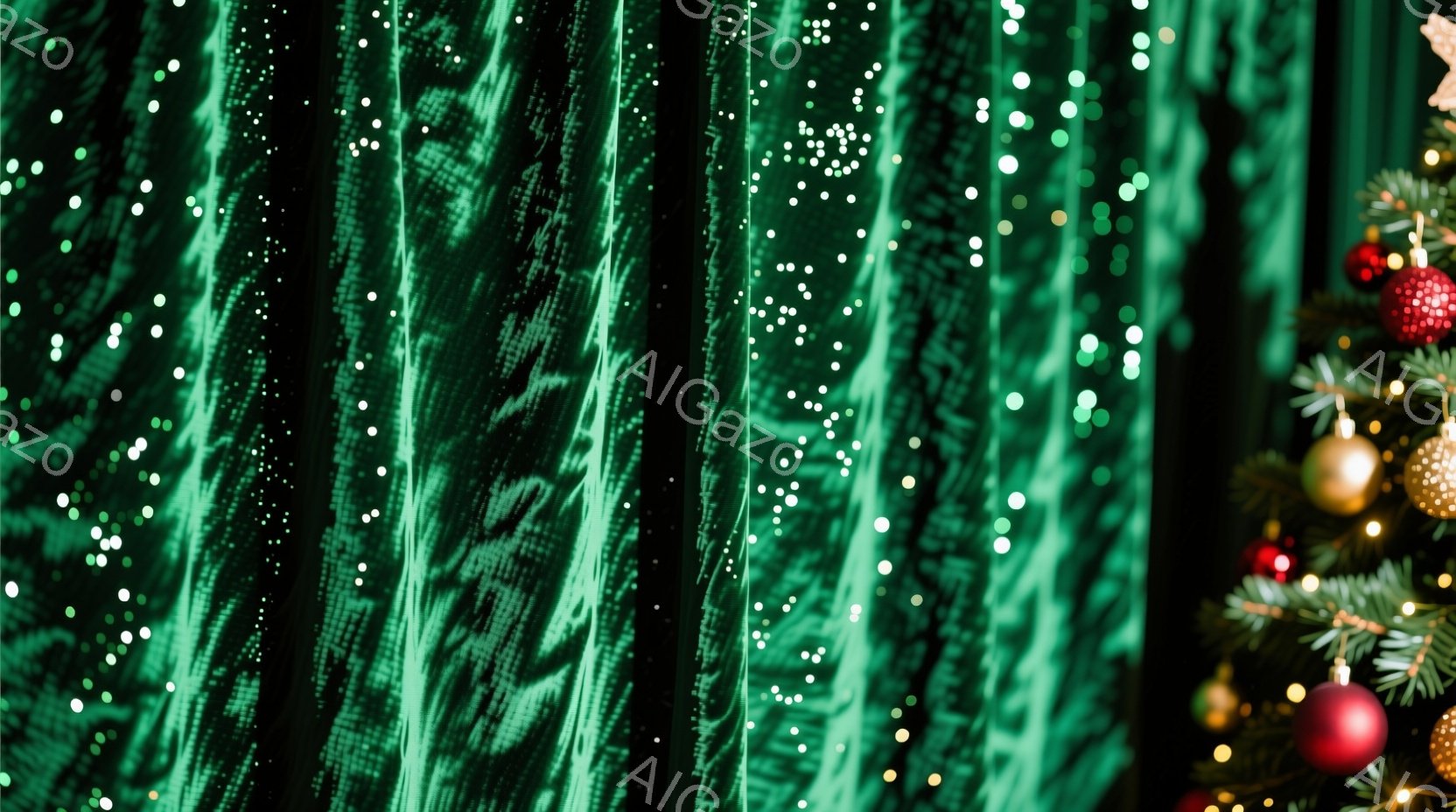 鮮やかな緑色のベルベットのような生地が画面の大部分を占めており、小さな白い水玉模様が散りばめられています。画面の右側には、飾り付けられたクリスマスツリーの一部が見え、赤いオーナメントやキラキラと輝くライトが暖かく華やかな雰囲気を醸し出しています。全体的に、この画像は、ベルベットの質感とクリスマスツリーの輝きが組み合わさり、上品で季節感のある雰囲気を伝えています。