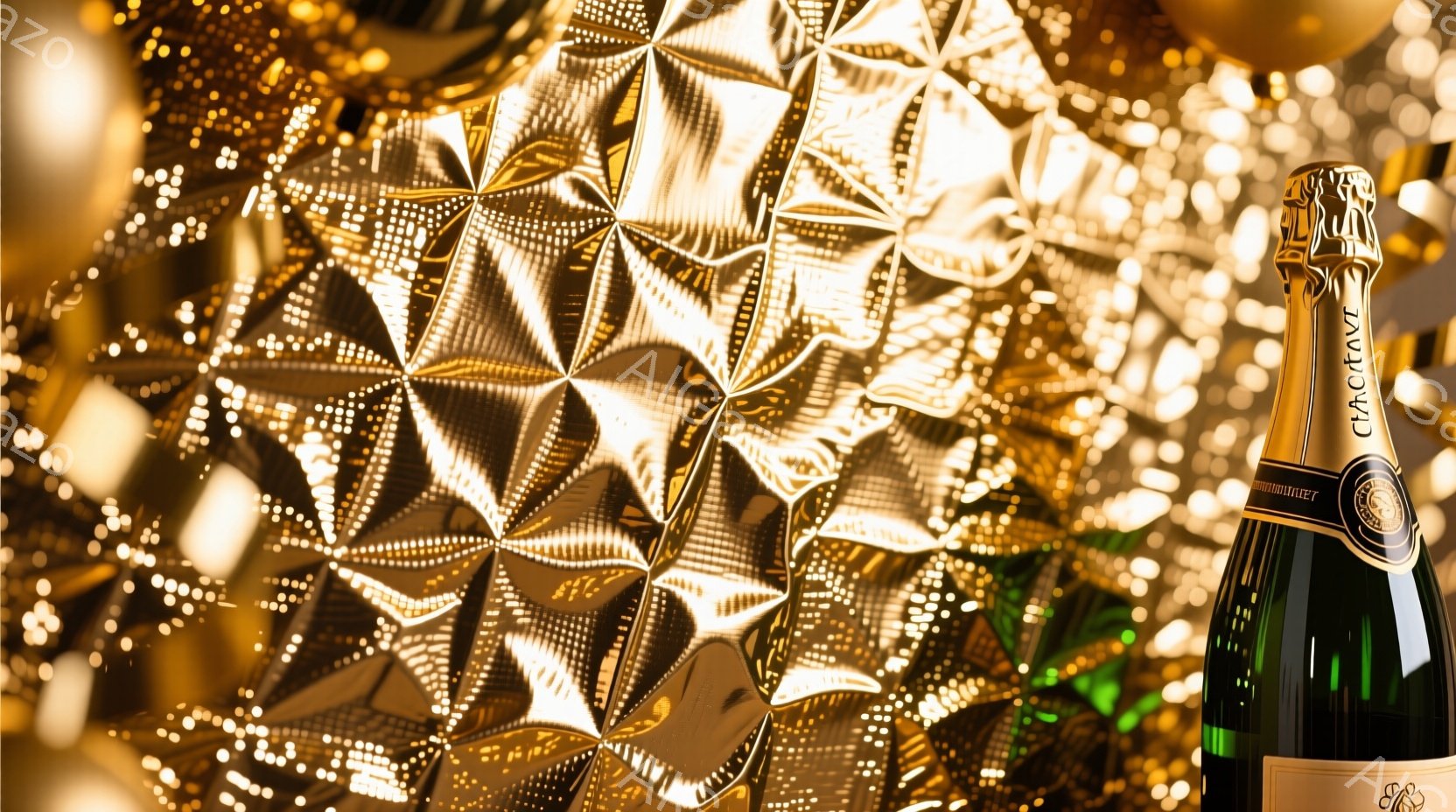画像はシャンパンボトルが背景のきらめくゴールドの装飾の前にあるクローズアップショットです。ボトルは緑色で、ラベルには金色の文字が書かれており、高級感を醸し出しています。背景は幾何学的な模様で構成されて - AI生成フリー素材