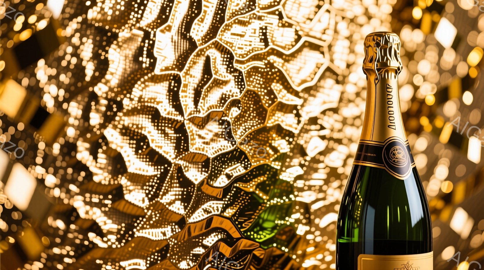 画像はシャンパンボトルをクローズアップしたもので、背景は金色の光が反射する壁です。ボトルは緑色のラベルと金色の装飾が施されており、高級感と祝祭的な雰囲気を醸し出しています。光の反射がボトルをさらに輝かせ、洗練された印象を与えています。