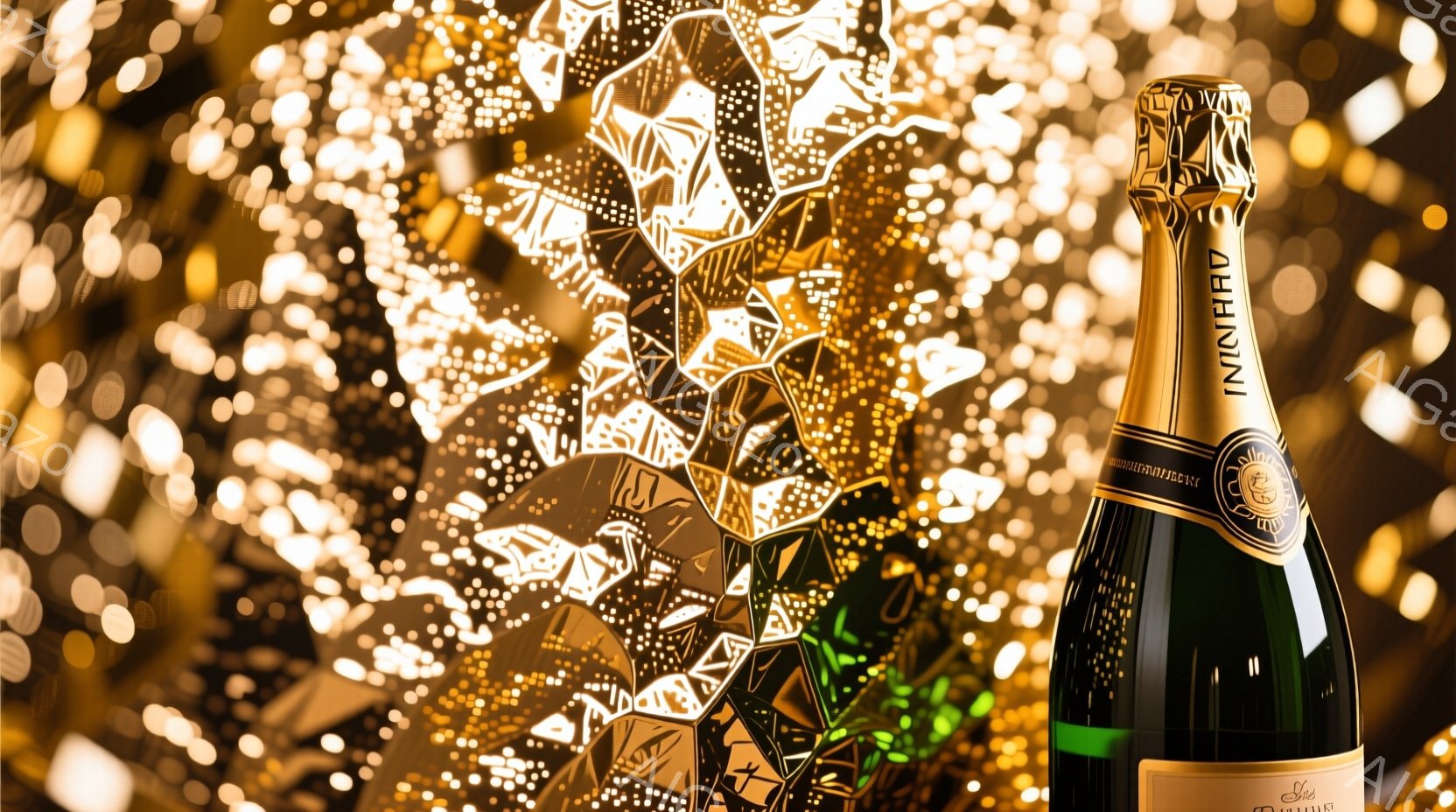 豪華なシャンパンボトルが、金色のきらめく背景に浮かび上がっています。背景は、複雑な模様が切り抜かれた金属製の装飾で、クリスマスツリーの一部に見える緑の葉がアクセントになっています。 全体的に華やかで、お祝いの雰囲気を醸し出しています。