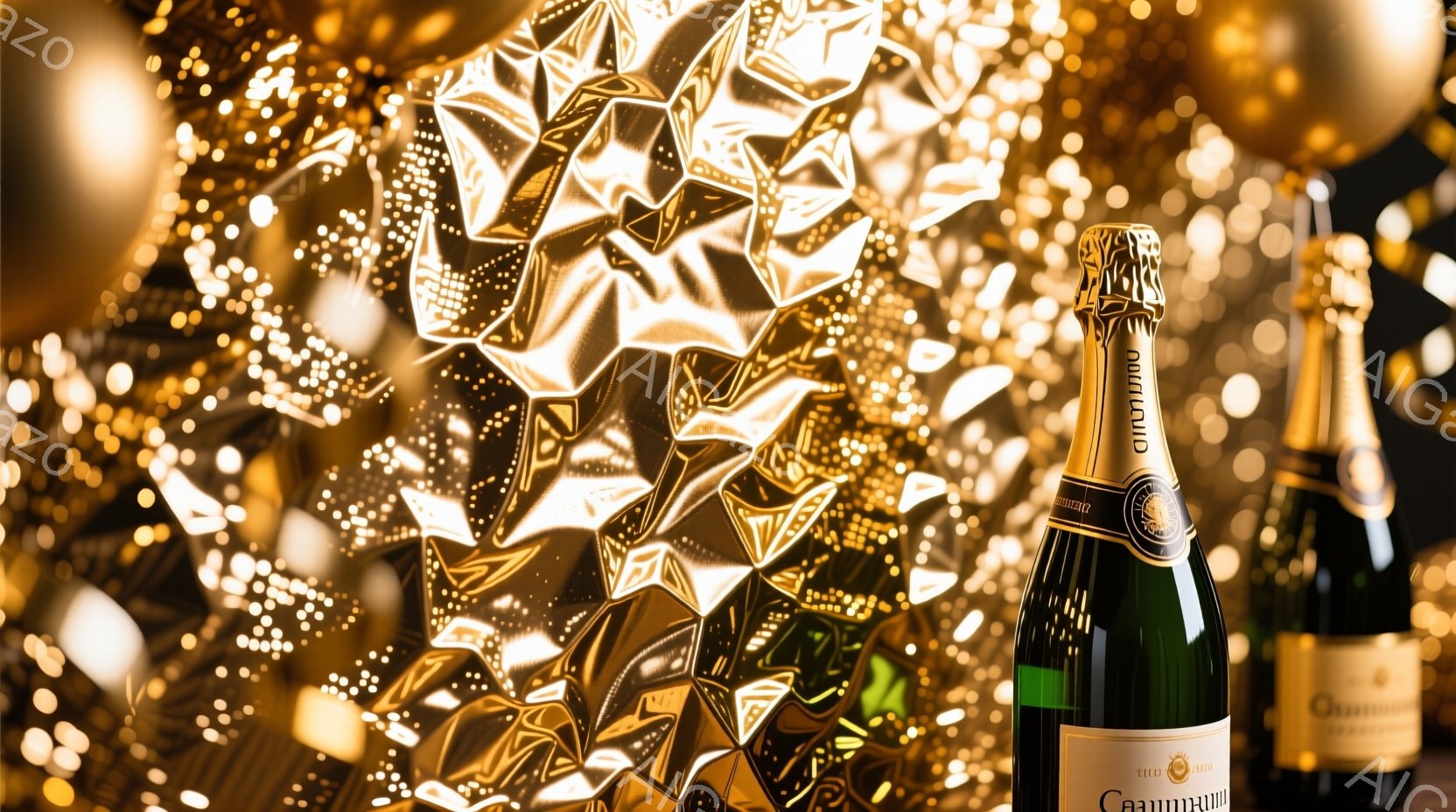 鮮やかなゴールドの背景に、緑色のシャンパンボトルが複数並んでいます。ボトルは「Chandon」のラベルが貼られており、クリスマスや特別な祝祭の雰囲気を醸し出しています。背景は光の反射が美しく、高級感と華やかさを感じさせる一枚です。