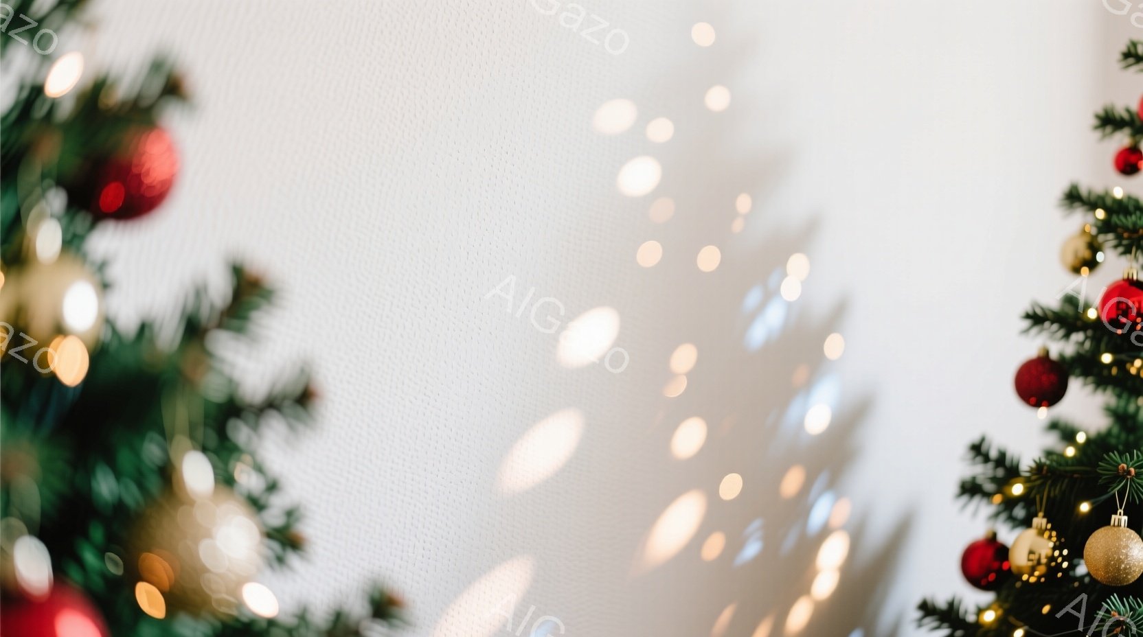 クリスマスツリーの枝が左右に配置され、赤いオーナメントや金色の飾り付けが華やかさを添えています。背景はぼやけた明るい光の粒子で満たされ、暖かく幻想的な雰囲気を醸し出しています。全体的に柔らかな光と色彩が、穏やかで祝祭的な季節の到来を感じさせます。