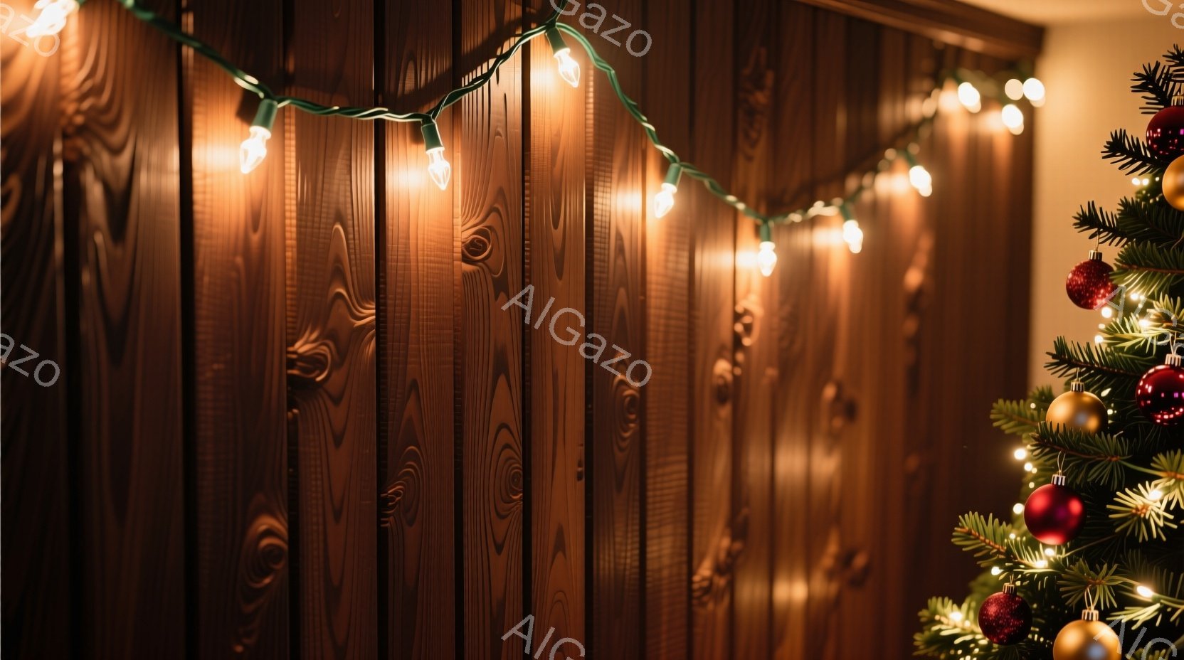 深い茶色の板張りの壁に、温かい色のクリスマスライトが飾られています。右側には緑豊かなクリスマスツリーの一部が見え、赤いオーナメントがいくつか飾られています。全体的に、暖かい光と木製の質感が、落ち着いた、居心地の良いクリスマスの雰囲気を醸し出しています。