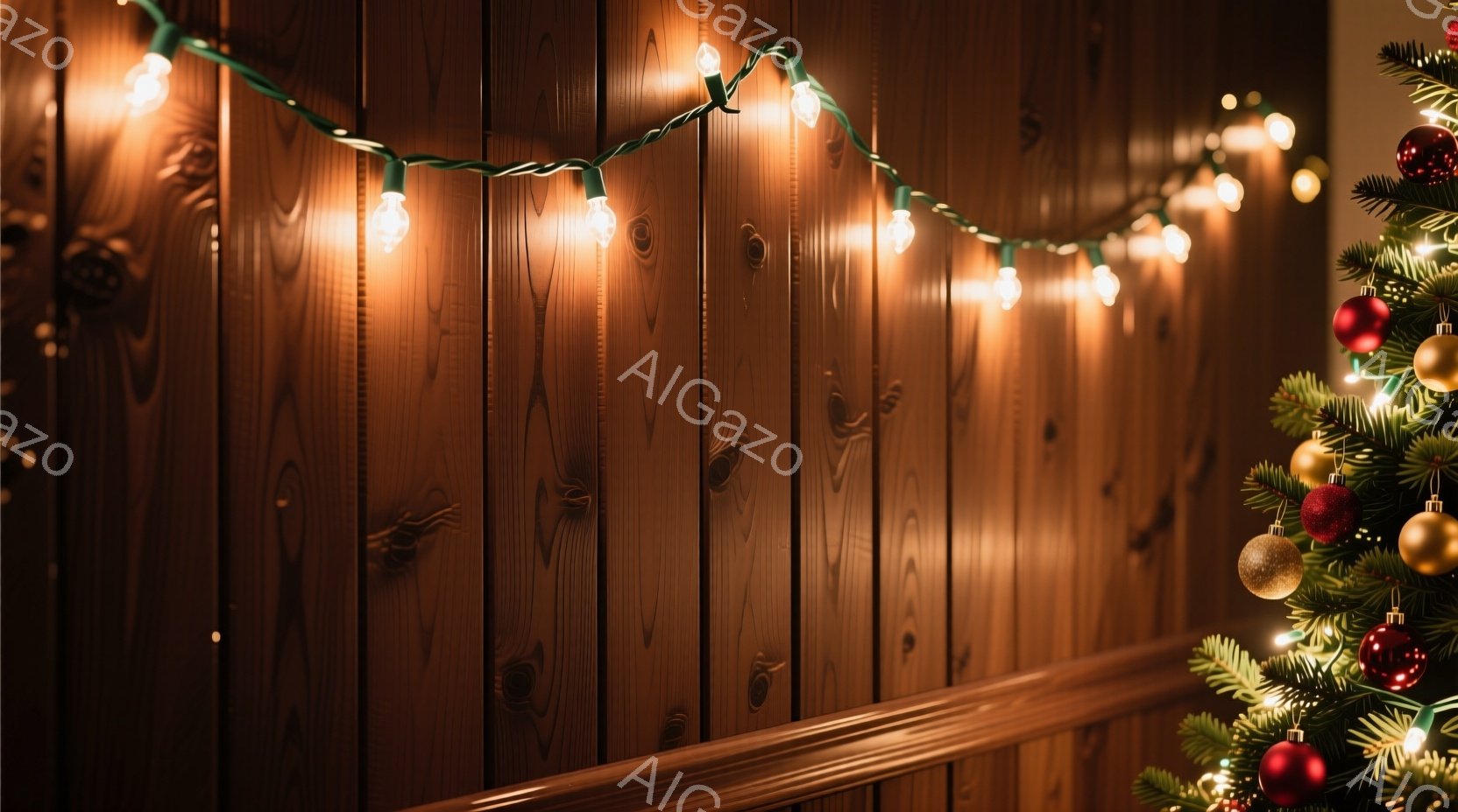 暖炉のような木製の壁に、クリスマスのイルミネーションが飾られています。イルミネーションは暖かく優しい光を放ち、壁の木目を際立たせています。画像の一部にクリスマスツリーの緑の葉と赤いオーナメントが見え、季節の温かい雰囲気を醸し出しています。