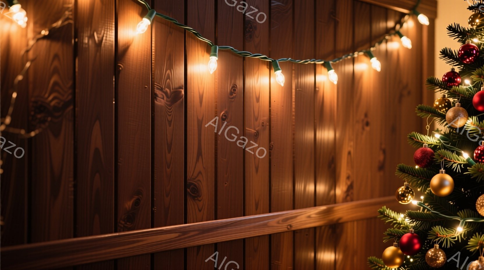 温かい光が灯るクリスマスツリーの背景には、木製の壁が広がっています。飾られたオーナメントは赤や金の色合いで、クリスマスの雰囲気を高めており、壁にかけられたイルミネーションライトがさらに暖かさを添えています。全体的に、落ち着いた温かい、家庭的なクリスマスの雰囲気が漂っています。