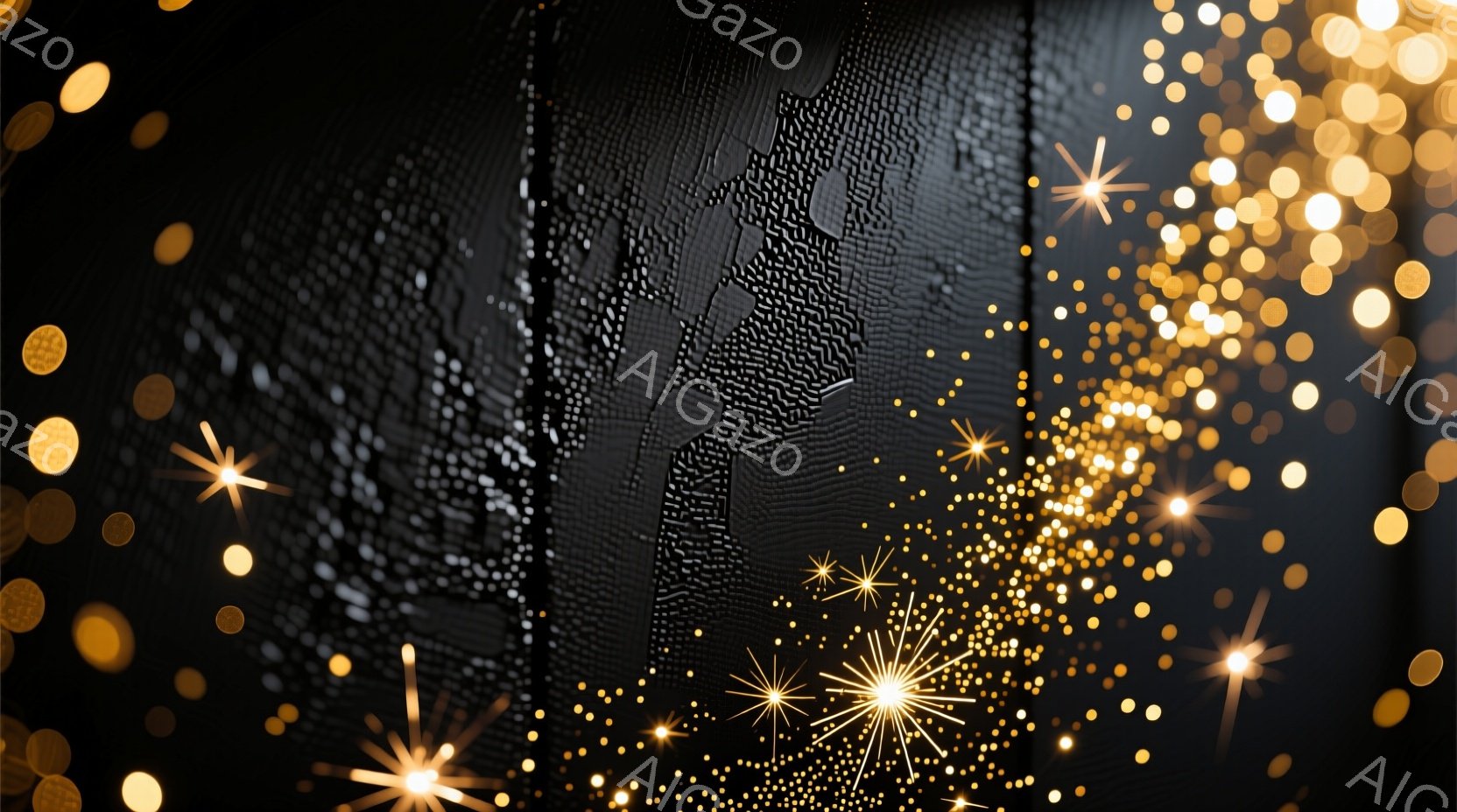 画像は暗い背景に、きらめく光の粒子と星のような光が散りばめられています。中央には、テクスチャのある黒い素材でできた人影が描かれており、やや動きのあるポーズをとっています。全体的に幻想的で、神秘的な雰囲気を醸し出しています。