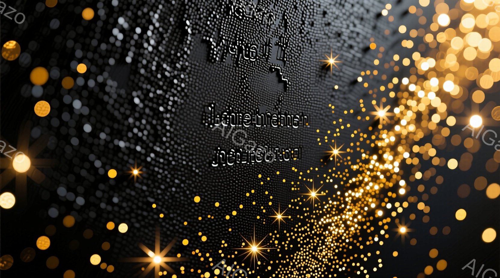 画像は暗い背景に、金色の光の粒子が集中して流れ落ちる様子を描いています。光の粒子は右側から左側へ、滝のように集まり、輝きを放っています。全体的に神秘的で華やかな雰囲気であり、まるで星空や花火を連想させます。