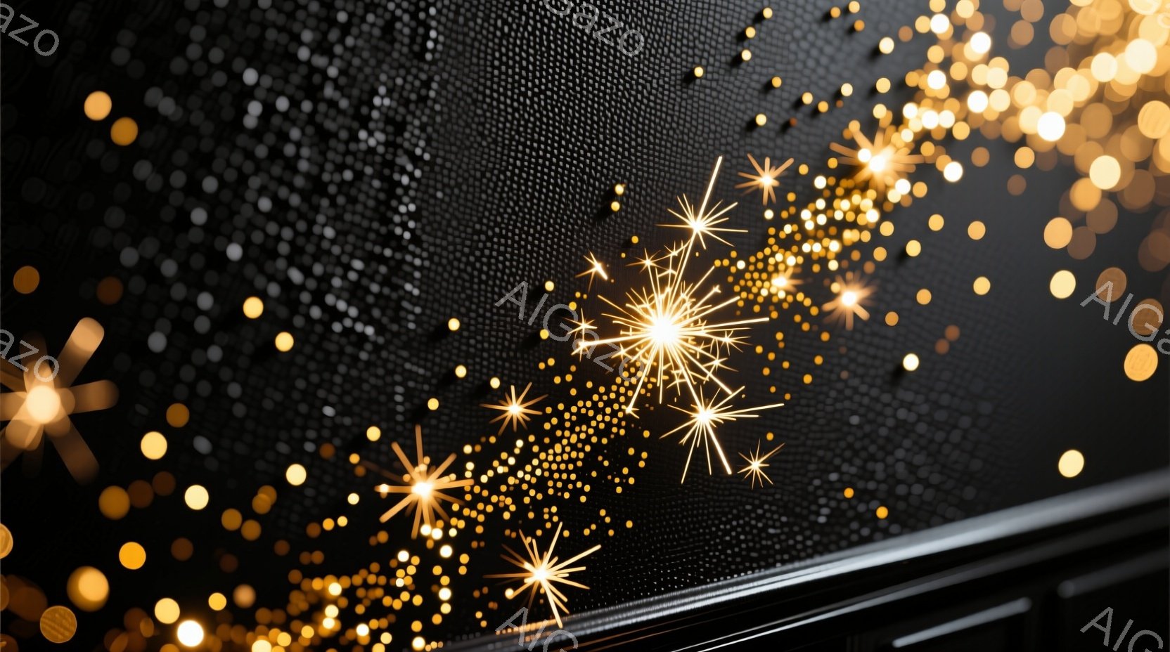 暗い背景に、無数の金色の光の粒子が舞い散っている様子が捉えられている。光の粒子は星のように輝き、まるで夜空の星屑や花火の散りばめられたような幻想的な雰囲気を醸し出している。画面の右下には、黒いフレーム - AI生成フリー素材