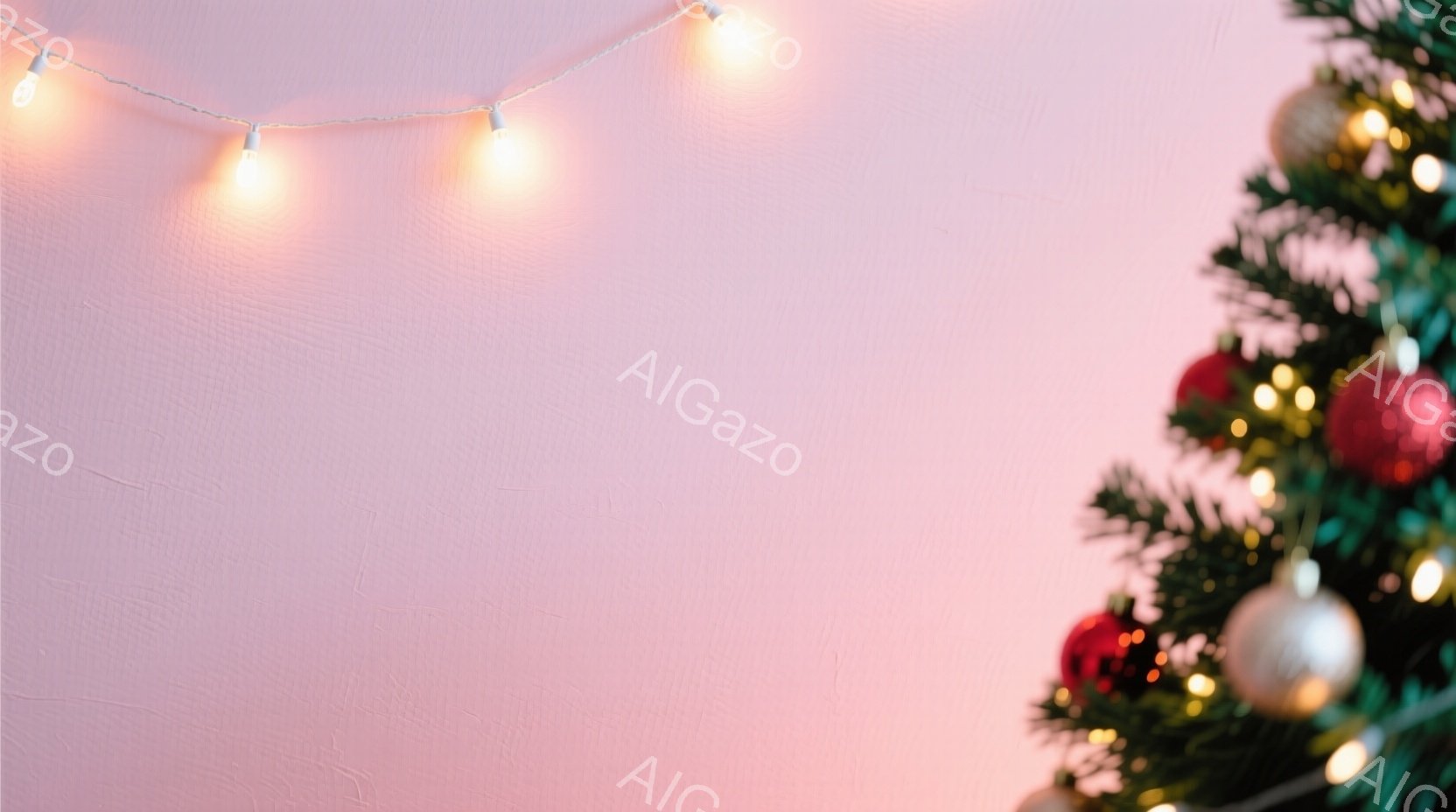 クリスマスツリーの右側部分が写っており、緑の葉と赤い、白いオーナメントが飾られています。背景は淡いピンク色で、上部に電飾が光り、温かく穏やかな雰囲気を醸し出しています。装飾と背景色の組み合わせが、ほのかな祝祭感を演出しています。