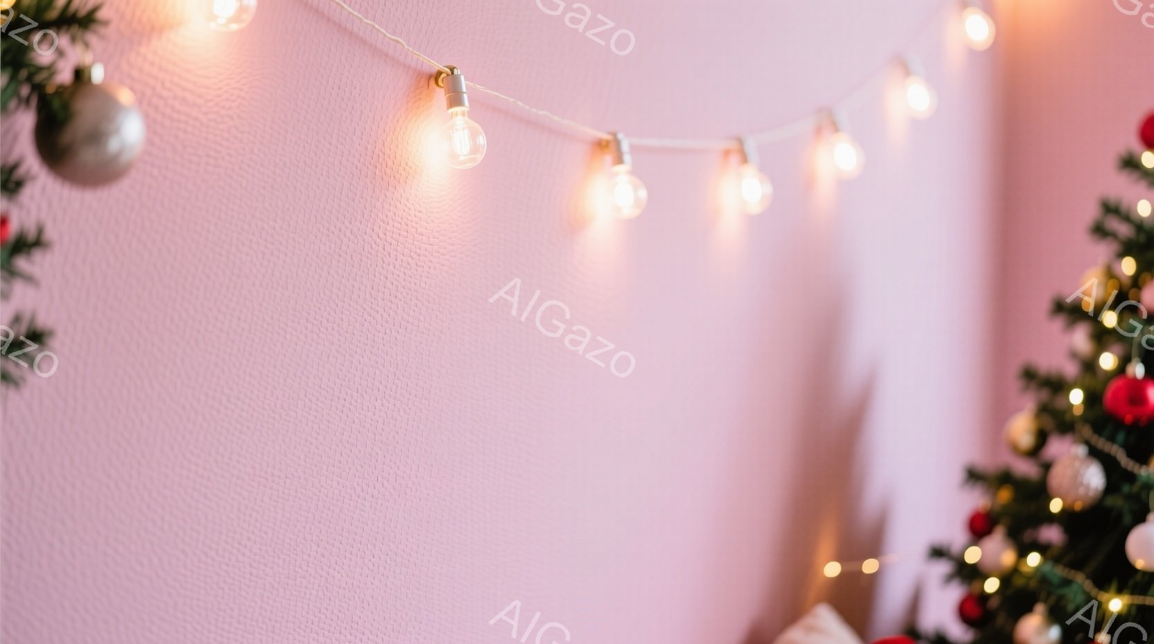 淡いピンク色の壁を背景に、電球が連なったガーランドが飾られています。左側にはクリスマスツリーの緑の葉と赤いオーナメントの一部が見え、暖かく優しいクリスマスの雰囲気が漂っています。全体的に柔らかい光が灯り、穏やかで心地よい空間が表現されています。