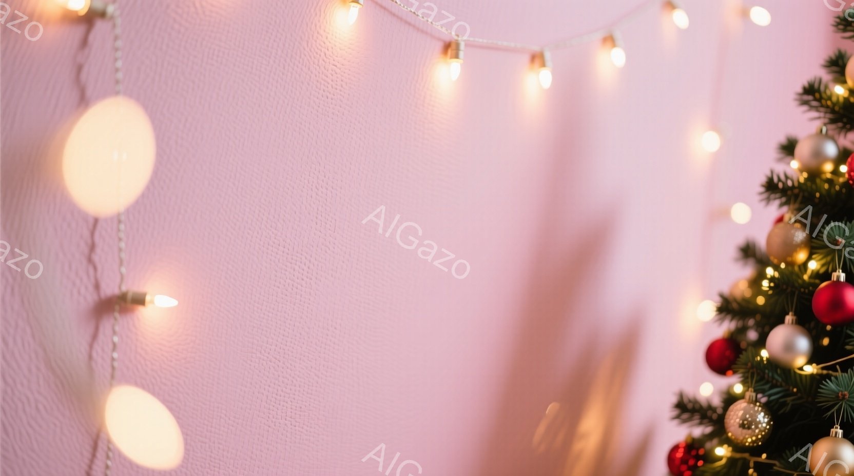 淡いピンク色の壁に、電飾が斜めに飾られています。壁の右側には、オーナメントで飾られたクリスマスツリーの一部が見え、赤い飾りや銀色のボールが暖かく輝いています。全体的に柔らかく、穏やかな祝祭の雰囲気が漂っています。