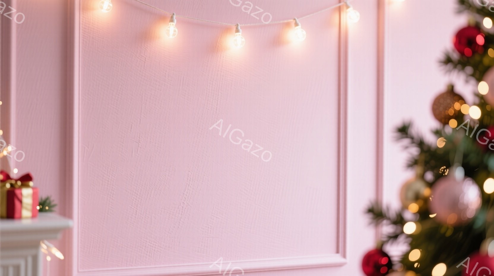 ピンク色の壁に、クリスマスツリーの緑と飾り、そして電飾が映っています。壁は凹凸があり、暖かく居心地の良い雰囲気を醸し出しています。プレゼントボックスが壁の足元に置かれ、クリスマスの喜びと期待感を表現しています。