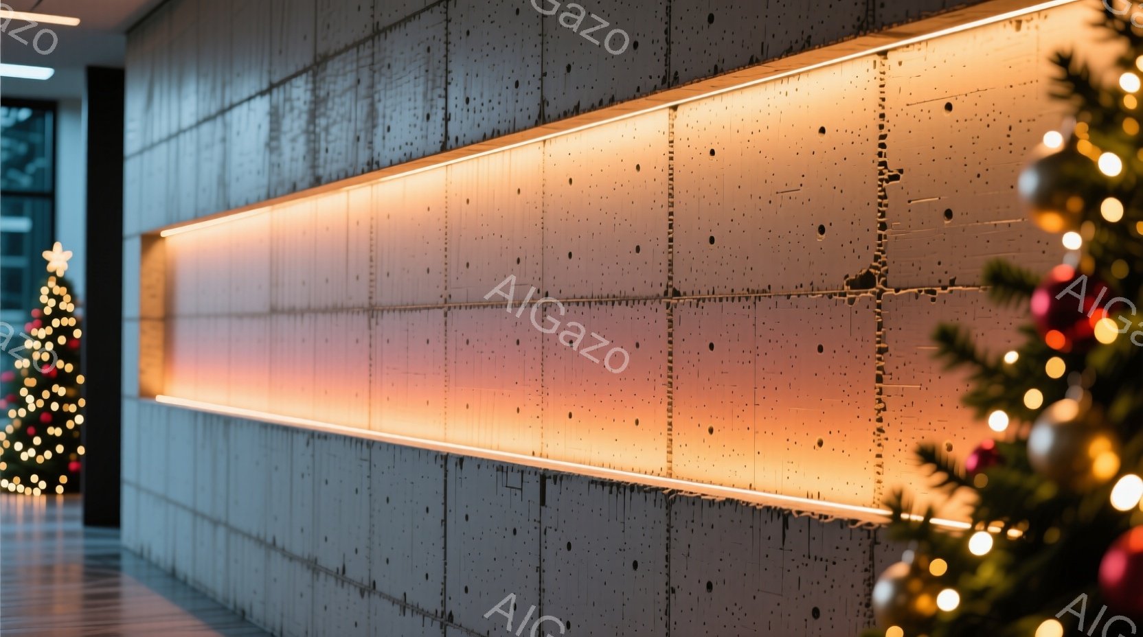 画像は、コンクリートの壁が長く伸びており、壁の上部にオレンジ色の照明が設置されています。左側にはクリスマスツリーのぼやけた部分が見え、暖かく華やかな雰囲気を醸し出しています。全体的に、モダンで落ち着い - AI生成フリー素材