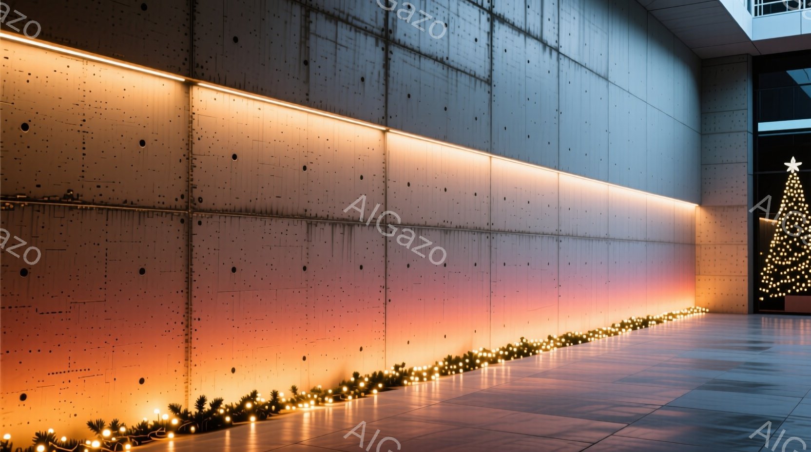 画像は、コンクリート壁に沿って敷かれた小さな光の列が印象的な室内空間です。壁はグレーのパネルで構成され、上部に向かって暖色系の光で照らされています。床はタイル張りで、全体の雰囲気はモダンで落ち着いた、少し幻想的な空間となっています。