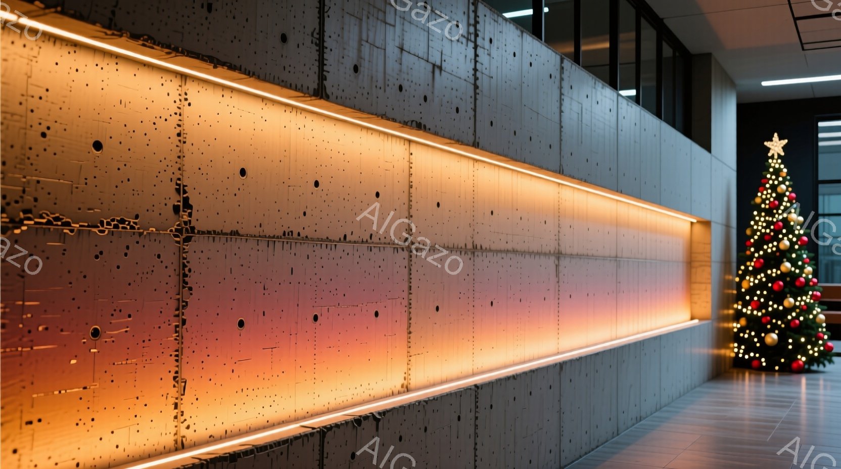 画像は、コンクリートの壁と、その壁に沿って設置された間接照明が印象的な廊下の様子です。右奥にはクリスマスツリーが飾られており、暖かい光が放たれています。全体的にモダンで落ち着いた雰囲気でありながら、クリスマスツリーが温かさと華やかさを添えています。
