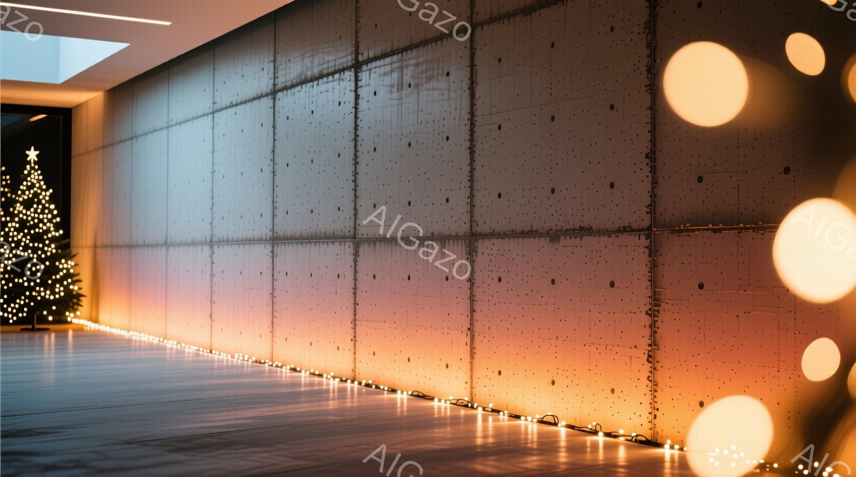 広々とした廊下の壁面は、幾何学的なパターンが施されたグレーのパネルで覆われており、暖色系のライトが壁面を照らしている。床は光沢のあるタイルで、壁のライトが反射して美しい光景を作り出している。左手にはクリスマスツリーが見え、ホリデーシーズンを想起させる温かい雰囲気が漂っている。