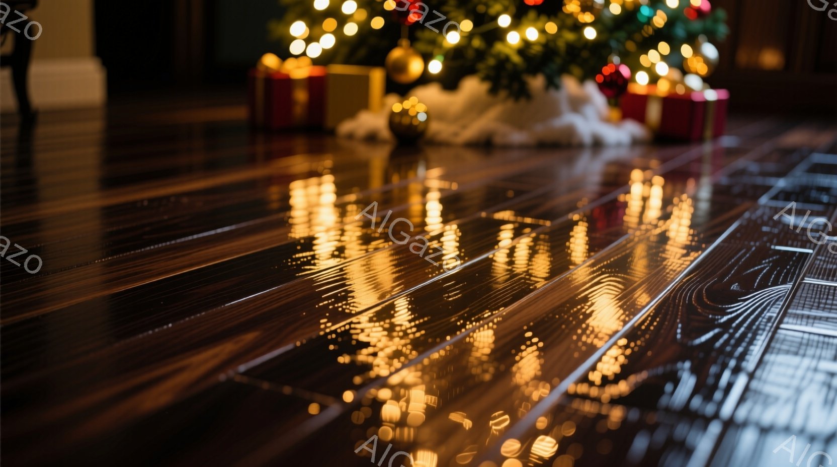 磨かれた木の床に、クリスマスの飾り付けがぼんやりと映り込み、暖かく幻想的な雰囲気を醸し出しています。背景には、光り輝くクリスマスツリーと、赤と金のラッピングペーパーで包まれたプレゼントが見えます。全体的に、ホリデーシーズンの静かで心地よい空間が表現されています。