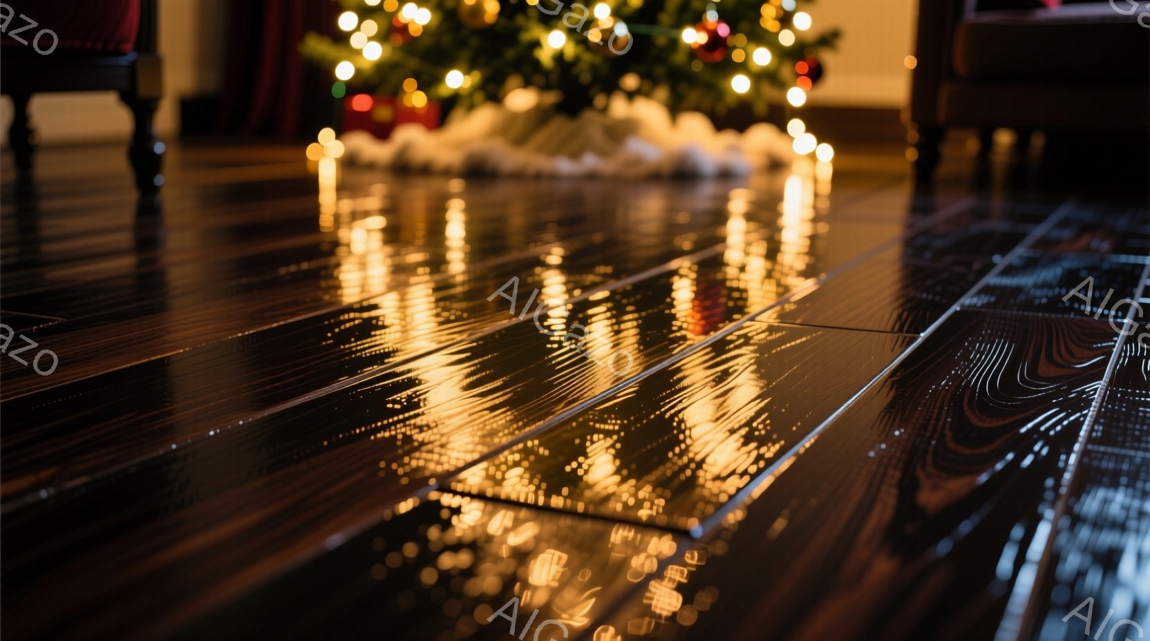 磨かれた濃い木製の床に、クリスマスツリーの暖かい光が反射し、金色の模様を作り出している。ツリーの下には白いふわふわしたものが敷かれており、背景には暗い色の家具が見える。全体的に、暖かく、落ち着いた、お祝いの雰囲気が漂っている。