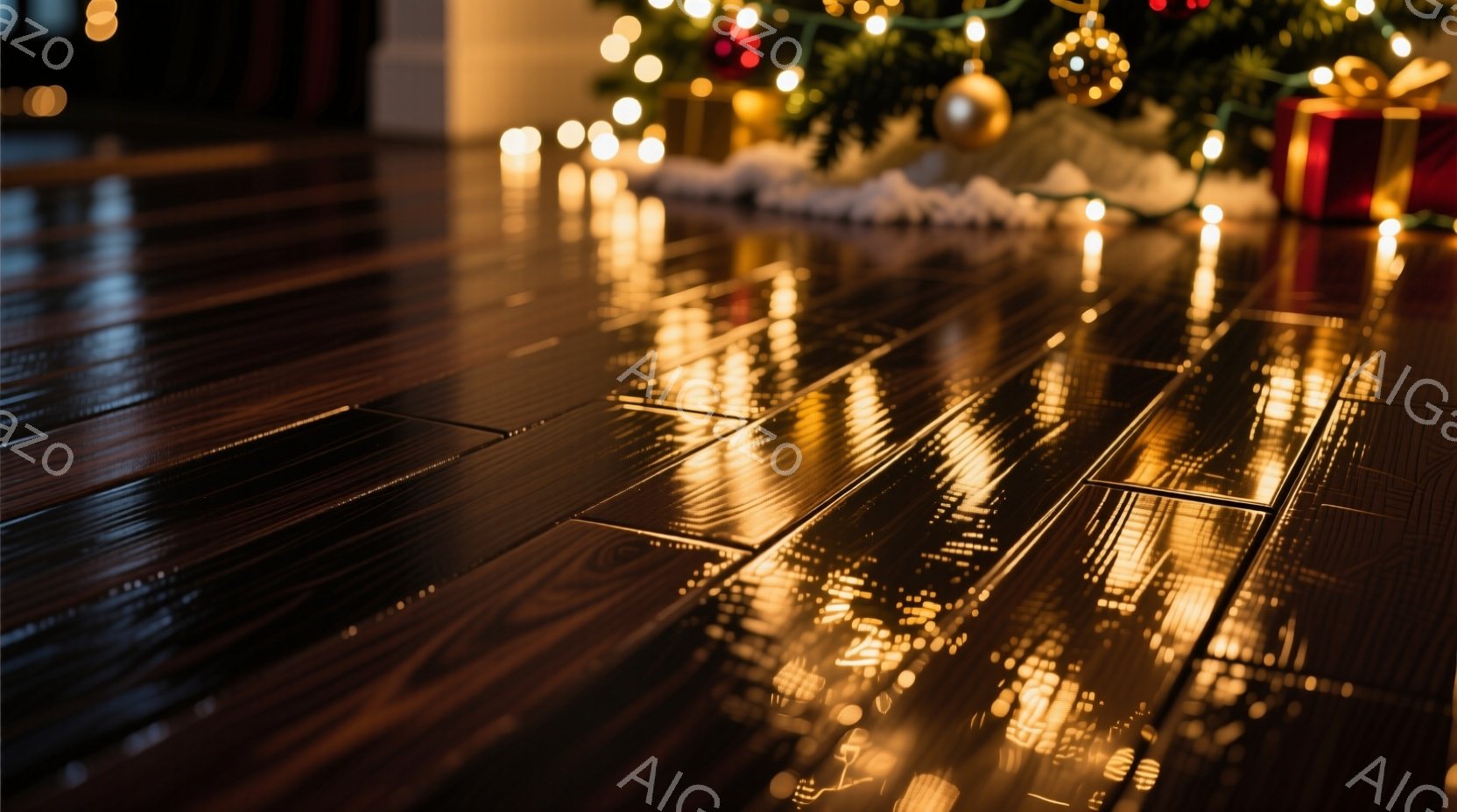 暖炉のそばにある木製の床が写っており、クリスマスのイルミネーションが反射して金色に輝いている。背景にはクリスマスツリーの緑と装飾が見え、赤いギフトボックスもわずかに確認できる。全体的に温かく、お祝いムードに満ちた、居心地の良い雰囲気である。