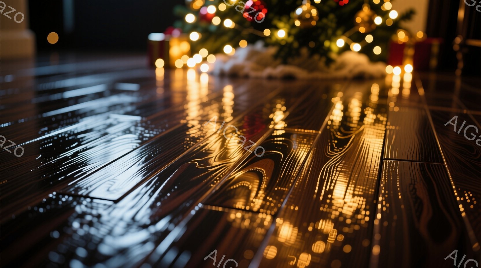 木の床に、クリスマスツリーの光が反射して、ぼんやりとした黄金色の模様が広がっている。ツリーの根元には白い装飾が施され、ギフトボックスの一部が見える。全体的に暖かく、幻想的な雰囲気で、クリスマスの静けさや幸福感を表現している。