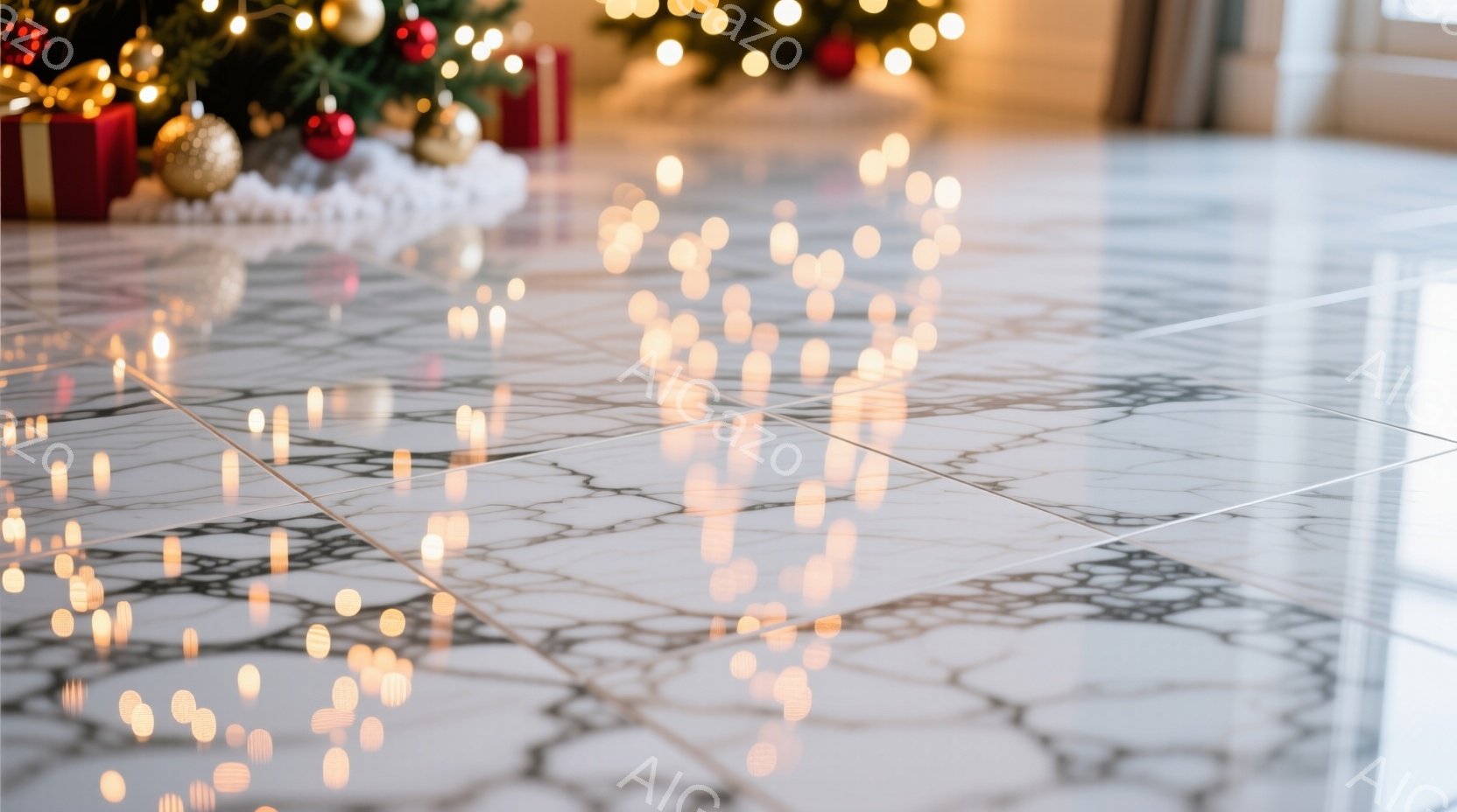 白い大理石調の床に、ぼやけたオレンジ色のイルミネーションライトが散りばめられています。背景には、クリスマスツリーの緑と赤い飾り、そして白い雪のような装飾が見え、暖かくお祝いの雰囲気を醸し出しています。光のぼかしが、夢のような、あるいは幻想的な印象を与えています。
