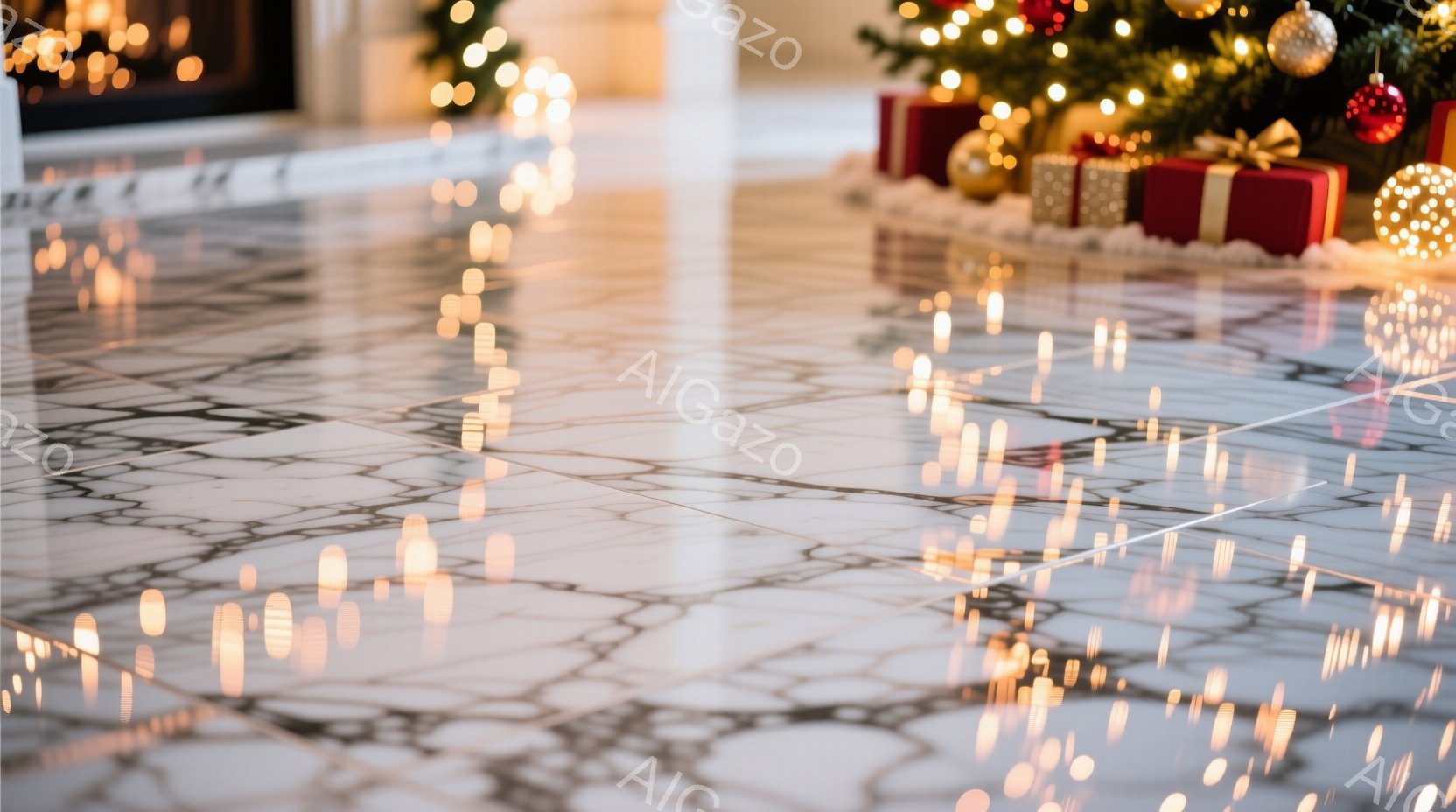 白い大理石の床にぼやけた光が散らばっており、クリスマスの背景がぼやけて見えます。プレゼントの箱がいくつか積まれており、暖色系の照明が全体の雰囲気を温かくしています。全体的に、ホリデーシーズンを祝う、華 - AI生成フリー素材