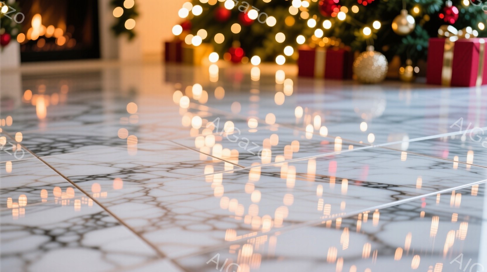白い大理石のようなタイルの床に、ぼやけたクリスマスツリーの光が反射し、幻想的な雰囲気を醸し出しています。背景には、装飾されたクリスマスツリーとプレゼントボックスが見え、暖かくお祝いムードが漂っています。全体的に、柔らかな光と美しい反射が、温かくロマンチックな雰囲気を演出しています。