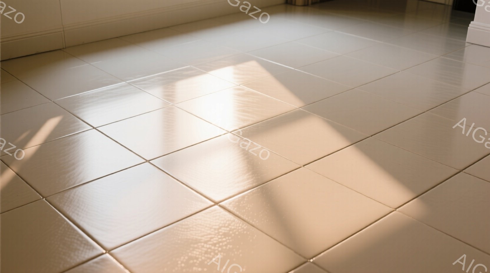 画像は明るいベージュ色のタイル張りの床面を捉えています。窓から差し込む強い光がタイルに当たり、規則的な影の模様を作り出しています。背景はぼやけていますが、部屋の一部、おそらく廊下や玄関の一部であるよう - AI生成フリー素材
