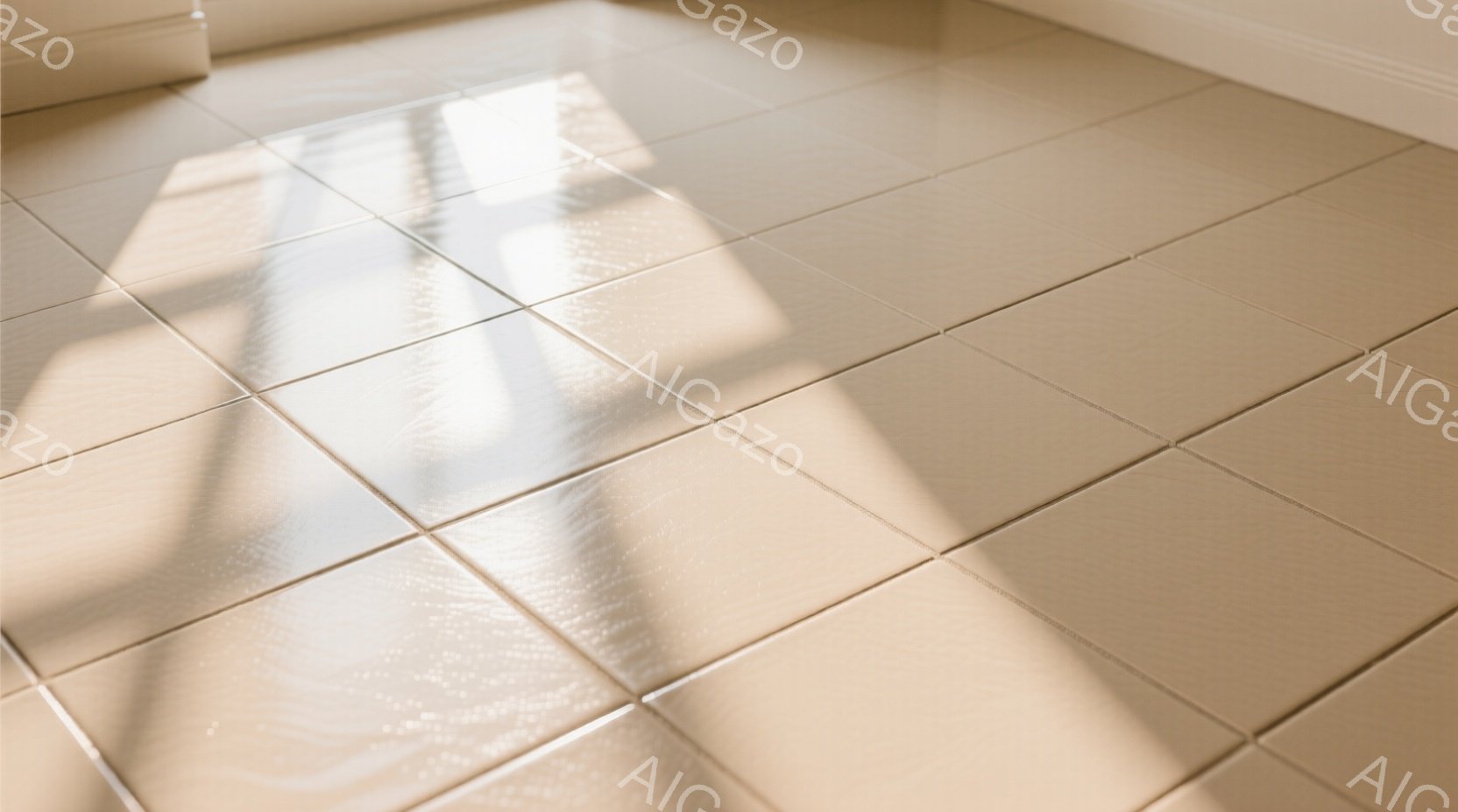 柔らかいベージュ色のタイルが敷き詰められた床面が写っている。強い光が差し込み、タイルの表面に影の模様が映り込んでいる。全体的に暖かく落ち着いた雰囲気で、静寂が感じられる。 - AI生成フリー素材