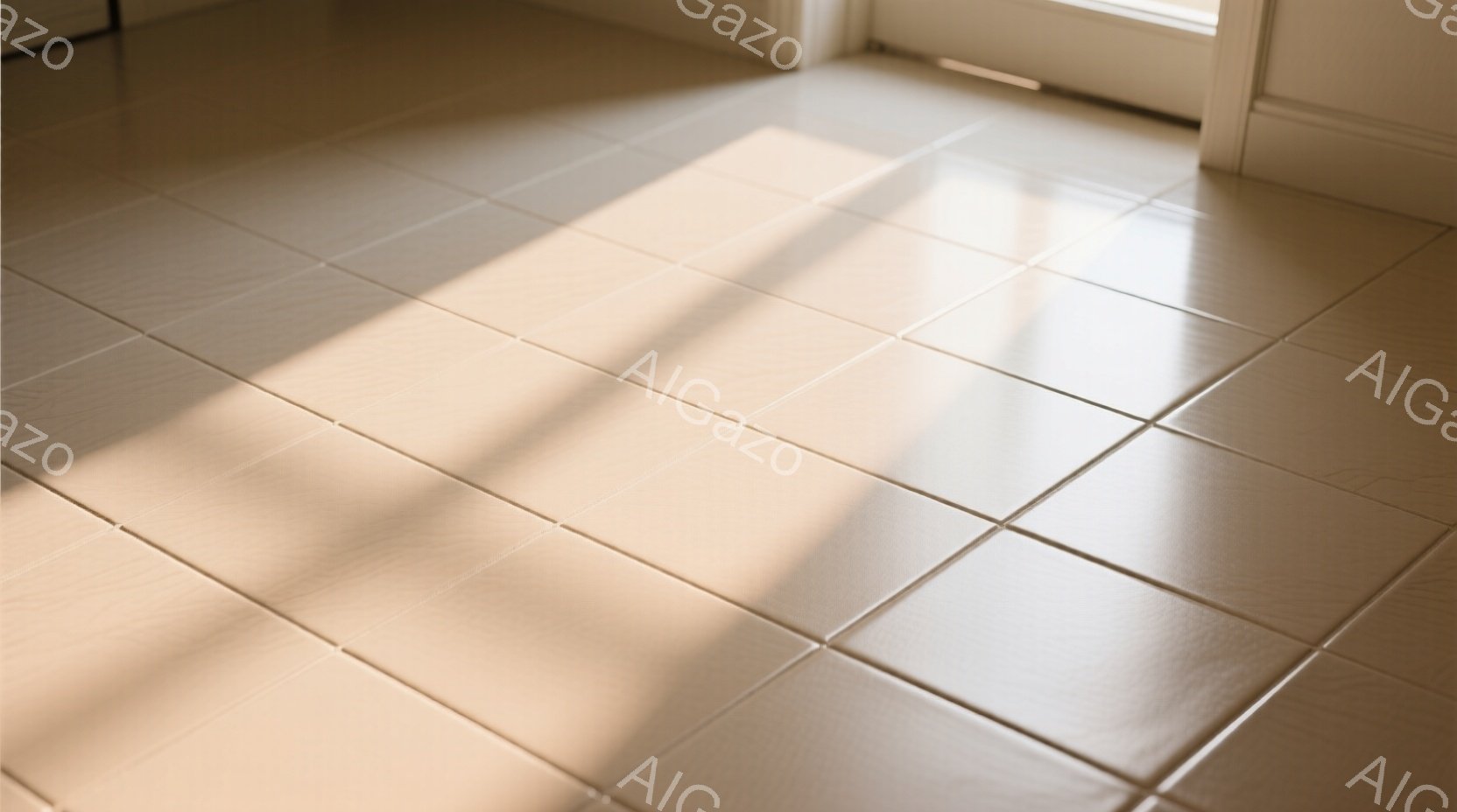 淡いベージュ色のタイルが敷き詰められた床面が画像全体を占めており、光が差し込み、タイルの表面に影のパターンを作り出している。窓枠がわずかに見えており、室内であること示唆しているが、人物やその他の物体は写っていない。全体的に、静かで落ち着いた雰囲気を醸し出している。