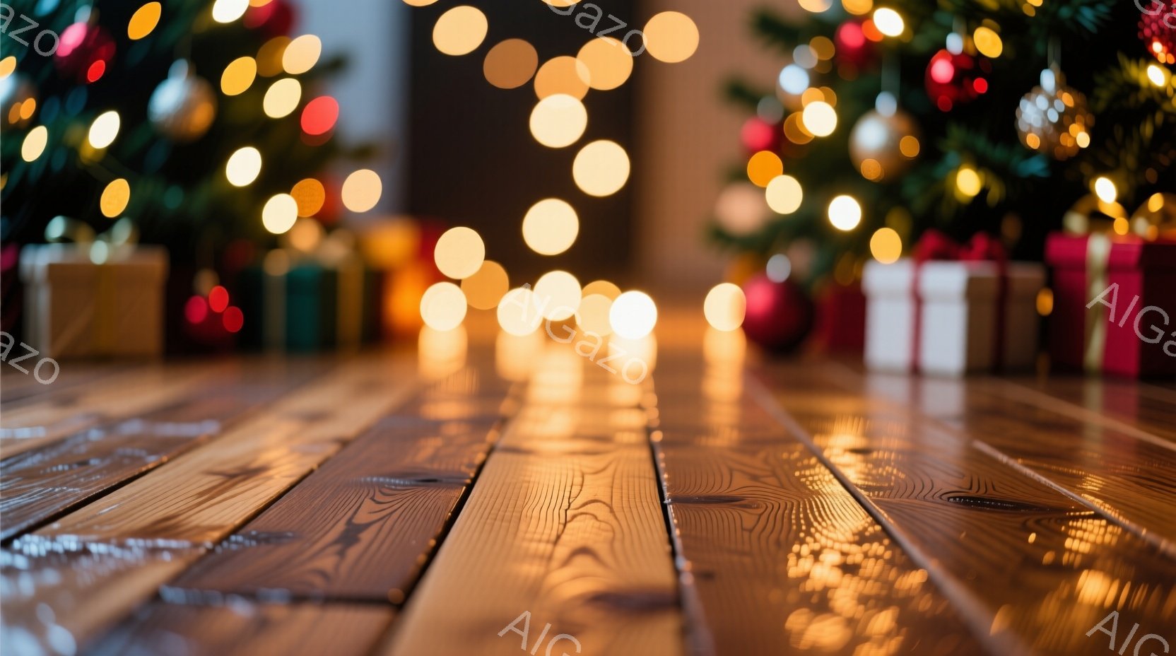 温かい光が床に反射し、木製の床板がキラキラと輝いている。背景にはぼやけたクリスマスツリーとプレゼントが見え、温かく、お祝いムードに包まれている。焦点が浅いため、クリスマスの温かさがより強調された、幻想的な雰囲気の写真である。